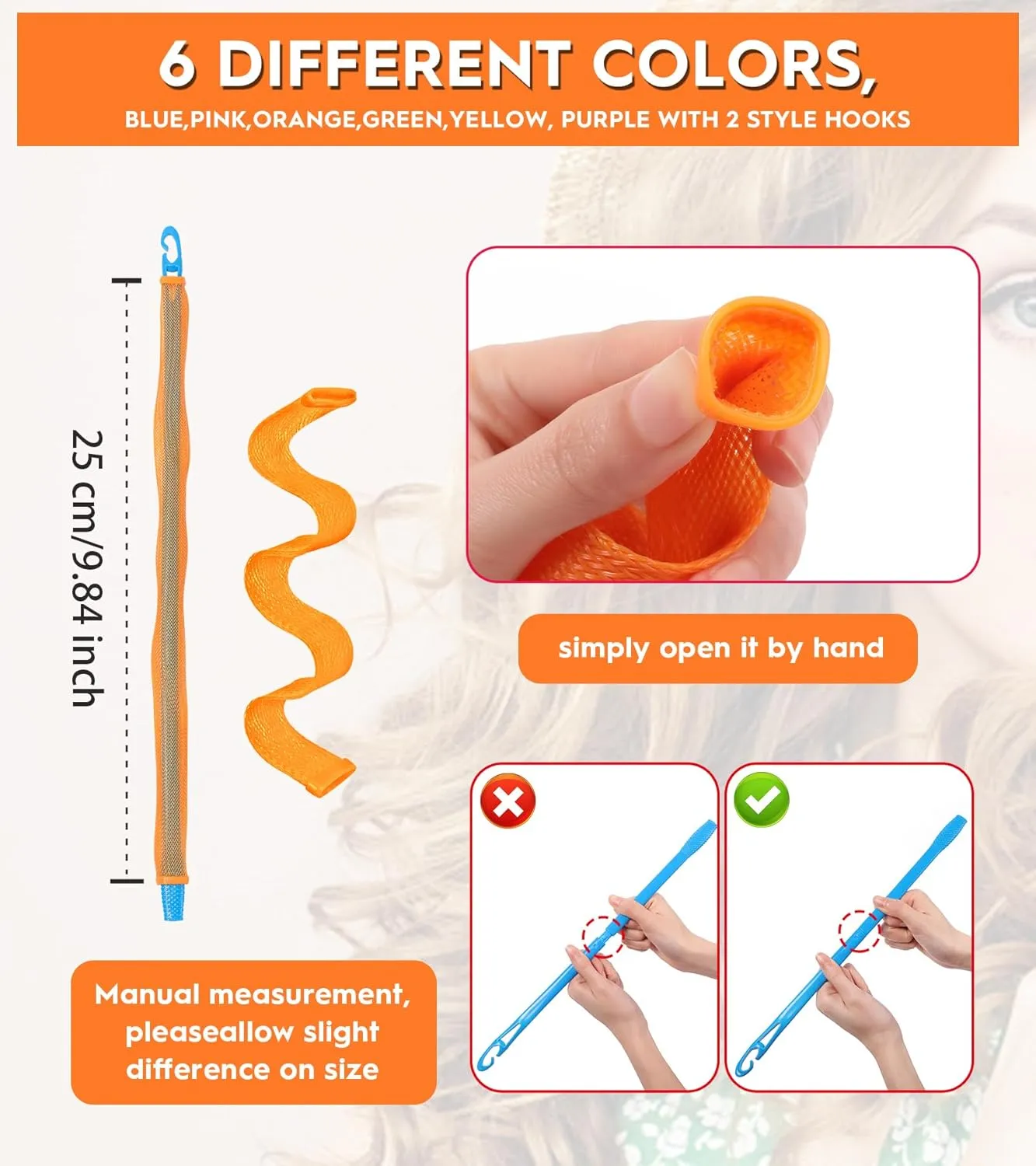 30 Pcs Heatless Hair Curlers Wave Curls Styling Kit with 2 Pcs Styling Hooks, No Heat Hair Curlers Heatless Wave Curlers for Women Girls Long Medium Short Hair (6 Colors, 25 cm/9.84 inch)