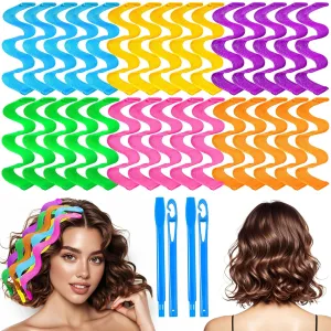 30 Pcs Heatless Hair Curlers Wave Curls Styling Kit with 2 Pcs Styling Hooks, No Heat Hair Curlers Heatless Wave Curlers for Women Girls Long Medium Short Hair (6 Colors, 25 cm/9.84 inch)