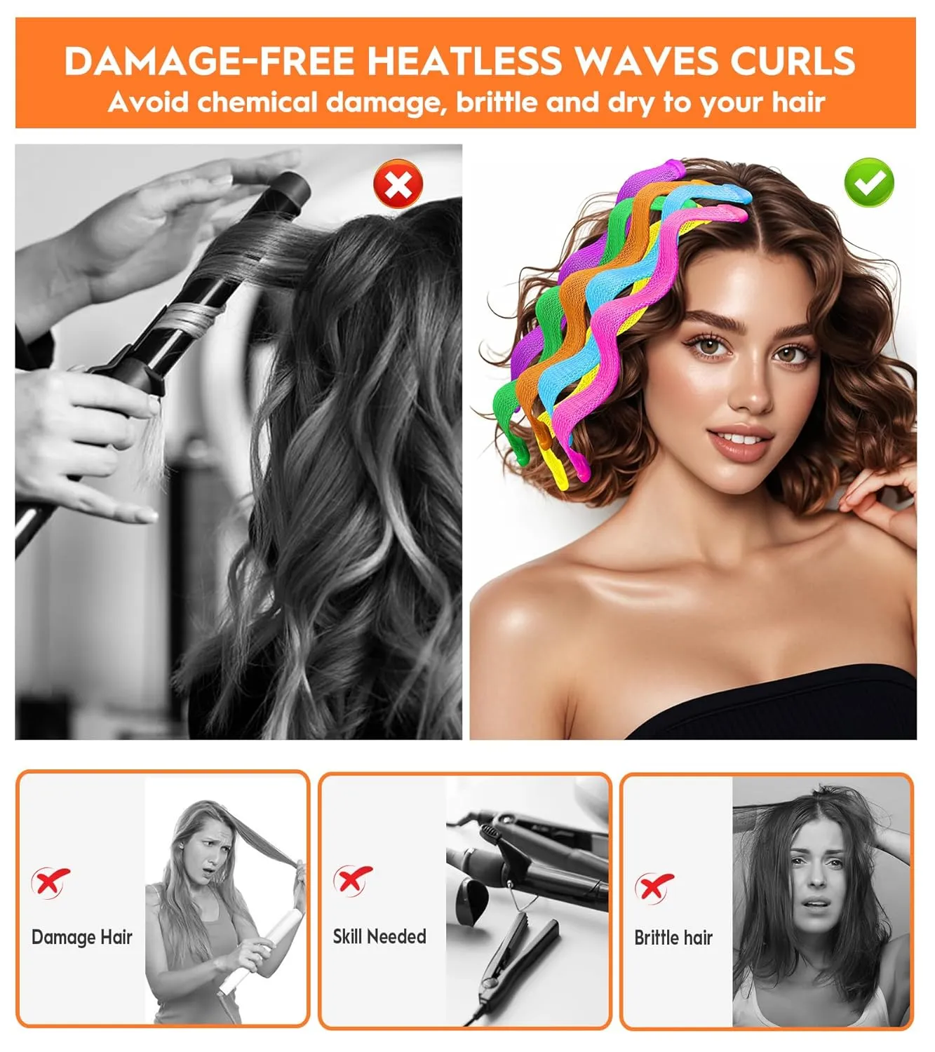 30 Pcs Heatless Hair Curlers Wave Curls Styling Kit with 2 Pcs Styling Hooks, No Heat Hair Curlers Heatless Wave Curlers for Women Girls Long Medium Short Hair (6 Colors, 25 cm/9.84 inch)
