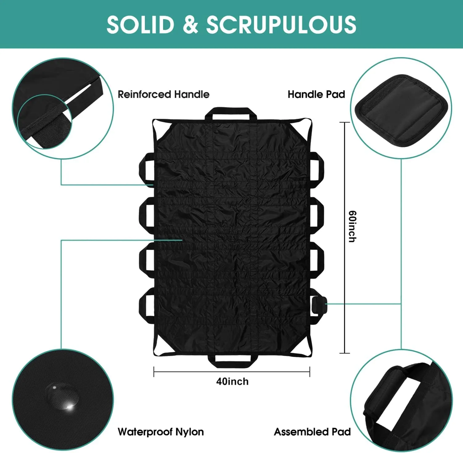 60" x 40" Positioning Bed Pad with Handles Washable Draw Sheets for Hospital Bed Ridden Patient Clothes Waterproof Glide Sheets for Patients Moving Pad for Lifting &Transfer Sheet Nylon, Black