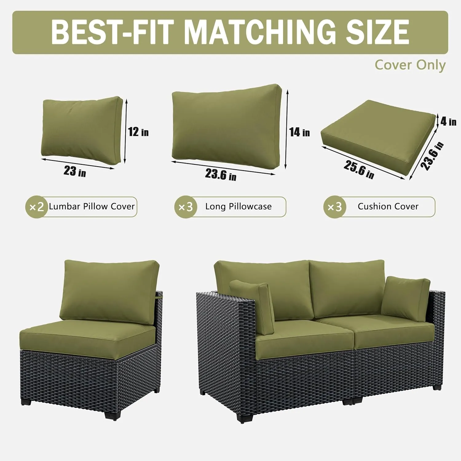 8p Outdoor Cushion Slipcovers Outdoor Patio Cushions Covers Replacement Waterproof with Zipper for 3-Seat Outdoor Rattan Sofa Patio Furniture Cushion Covers Light Green, Covers Only