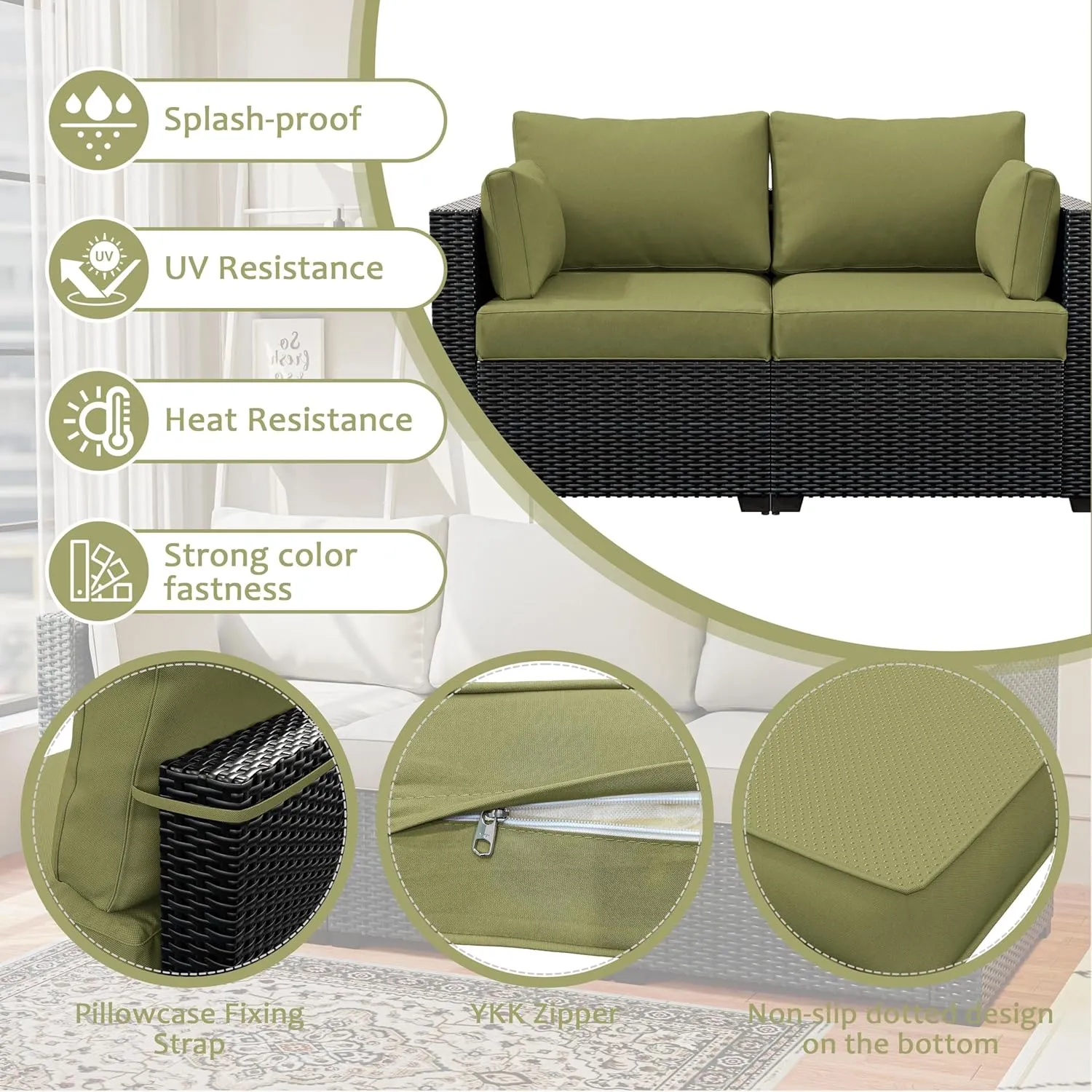 8p Outdoor Cushion Slipcovers Outdoor Patio Cushions Covers Replacement Waterproof with Zipper for 3-Seat Outdoor Rattan Sofa Patio Furniture Cushion Covers Light Green, Covers Only