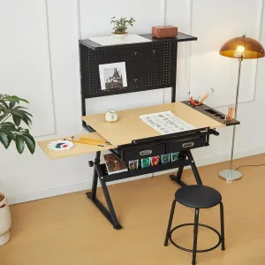 Adjustable Drafting Table with Storage and Stool, Tiltable Top Drawing Table with Metal Perforated Board Panel and Drawers, Drawing Desks for Artists Crafting, Reading, Writing, Home Office