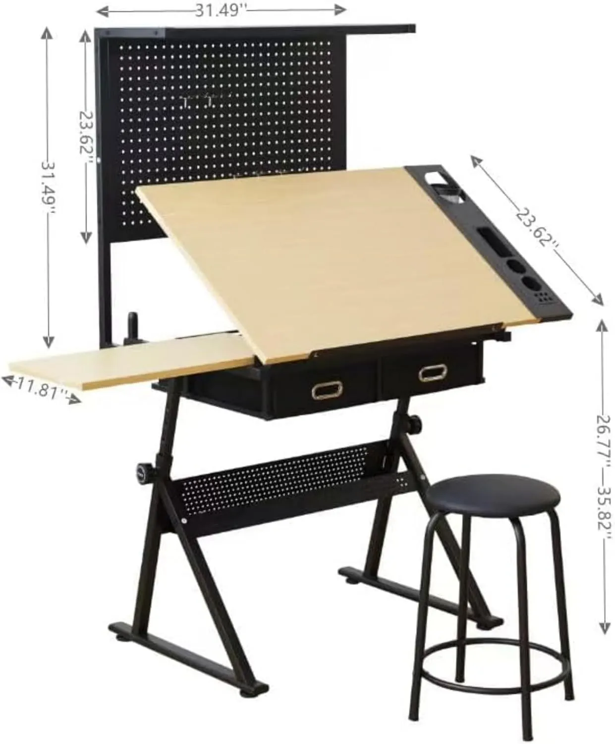 Adjustable Drafting Table with Storage and Stool, Tiltable Top Drawing Table with Metal Perforated Board Panel and Drawers, Drawing Desks for Artists Crafting, Reading, Writing, Home Office