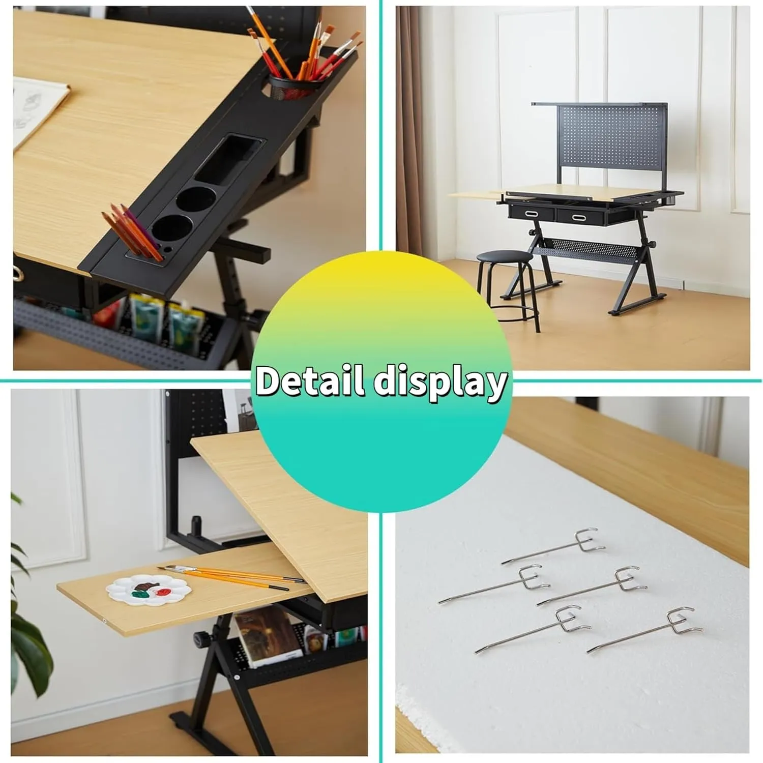 Adjustable Drafting Table with Storage and Stool, Tiltable Top Drawing Table with Metal Perforated Board Panel and Drawers, Drawing Desks for Artists Crafting, Reading, Writing, Home Office