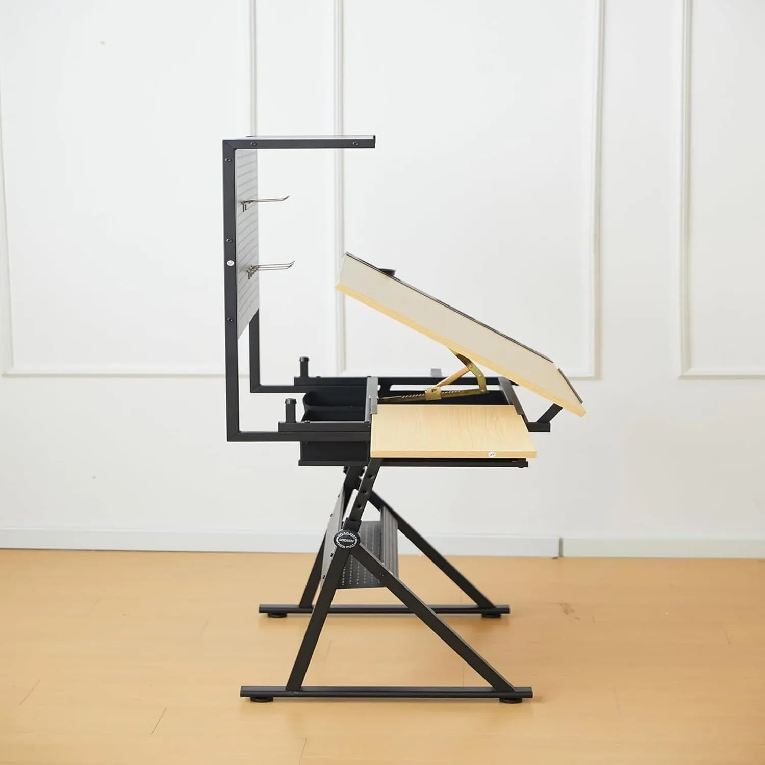 Adjustable Drafting Table with Storage and Stool, Tiltable Top Drawing Table with Metal Perforated Board Panel and Drawers, Drawing Desks for Artists Crafting, Reading, Writing, Home Office
