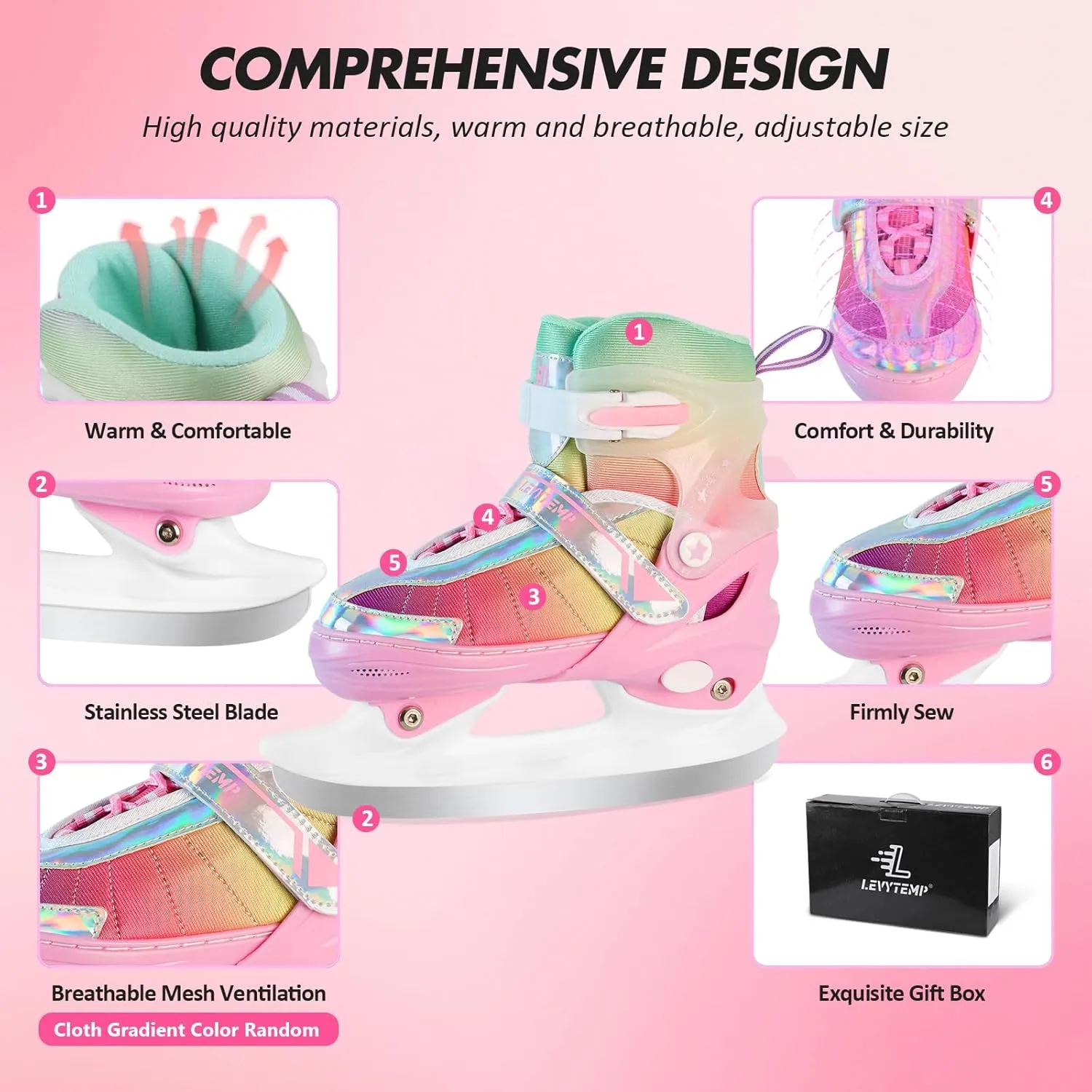 Adjustable Ice Skates for Kids Boys Girls, Blades Iceskates Ages 3-12, Pink, Purple, Black, Blue Warm Ice Skating Shoes for Outdoor and Rink