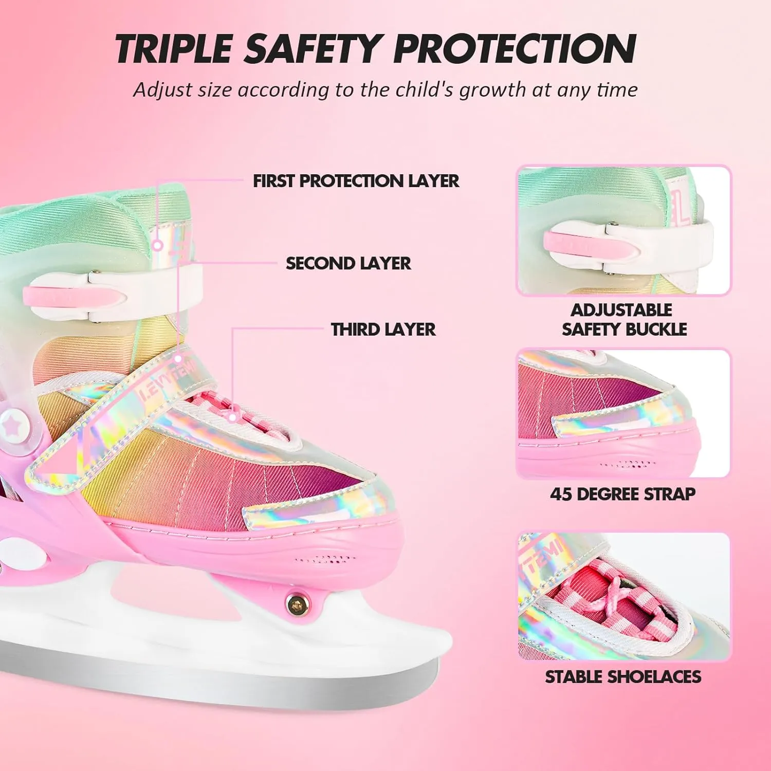 Adjustable Ice Skates for Kids Boys Girls, Blades Iceskates Ages 3-12, Pink, Purple, Black, Blue Warm Ice Skating Shoes for Outdoor and Rink