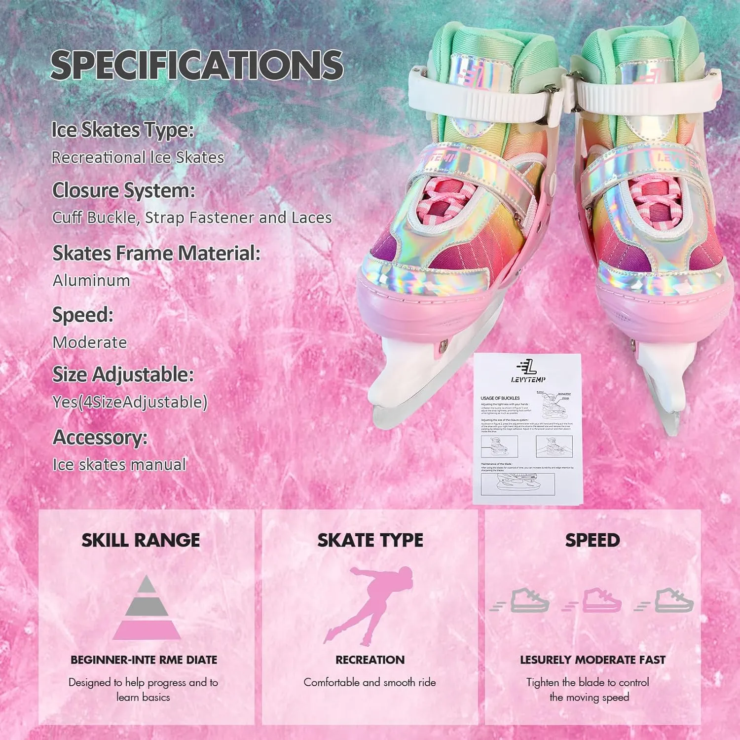 Adjustable Ice Skates for Kids Boys Girls, Blades Iceskates Ages 3-12, Pink, Purple, Black, Blue Warm Ice Skating Shoes for Outdoor and Rink