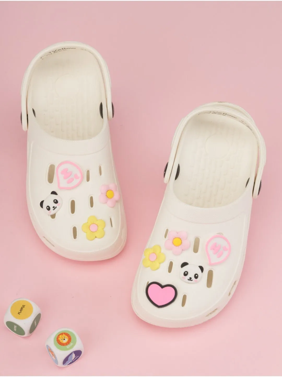 Adorable Clogs with Panda Faces, Hearts, Flowers and Hi Charm for Girls- White