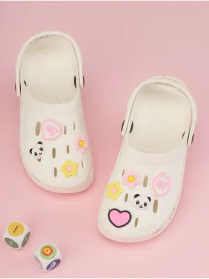Adorable Clogs with Panda Faces, Hearts, Flowers and Hi Charm for Girls- White