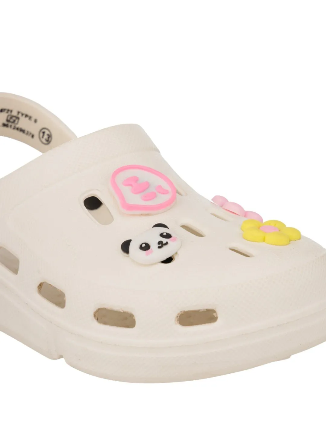 Adorable Clogs with Panda Faces, Hearts, Flowers and Hi Charm for Girls- White