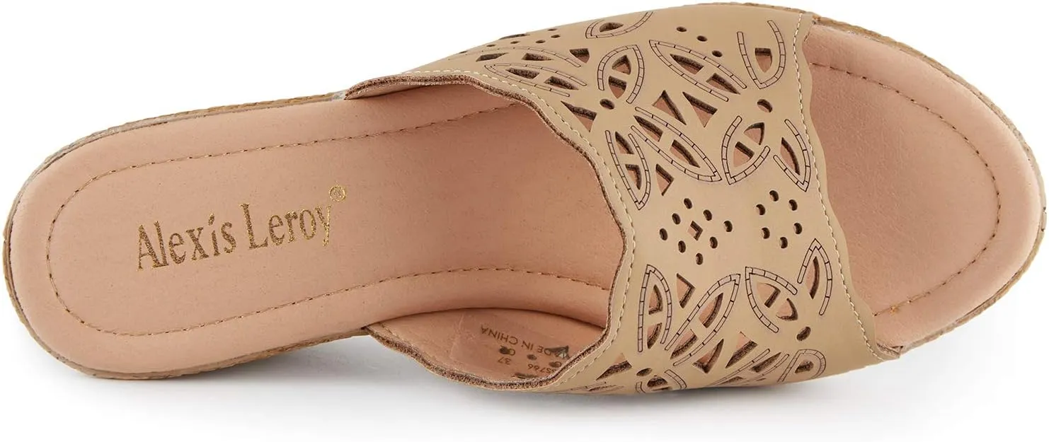 Alexis Leroy Women's Comfort Cut-Out Vamp Open Toe Wedge Slide Sandals