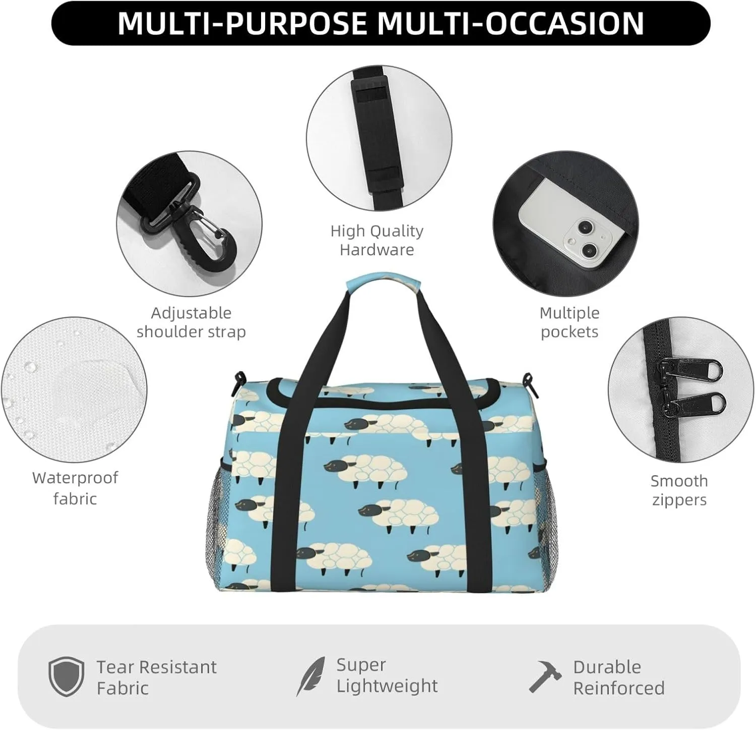 Animal Sheep Pattern Travel Duffel Bag with Strap Multi Pockets Sports Bag Handbag Large Shoulder Bag for Gym Weekend Fitness Camping