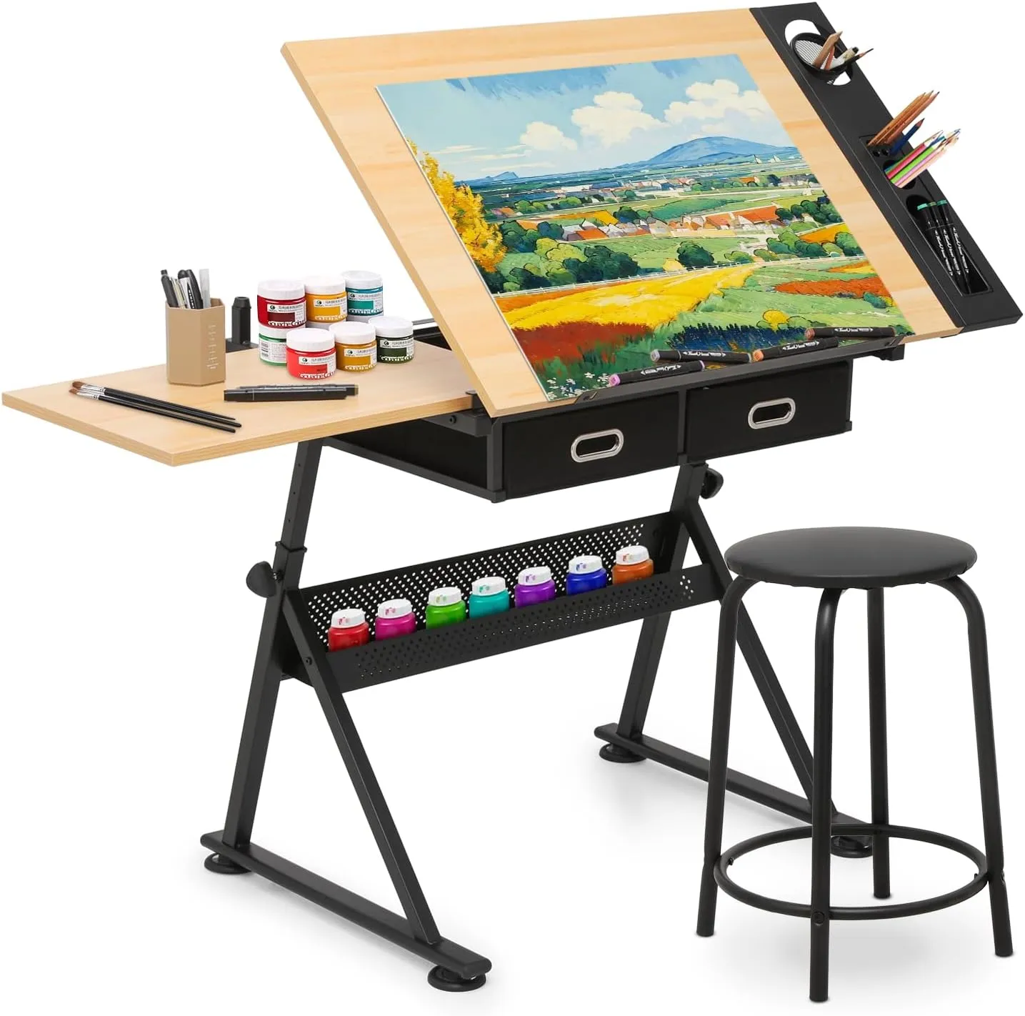 Athena Collection Drafting Table for Artists, Height Adjustable Drawing Table, Dual Desktop Art Desk Metal Frame Art Table Tiltable Craft Desk Paintings Work Station with Stool and Drawers, Natural