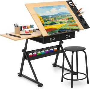 Athena Collection Drafting Table for Artists, Height Adjustable Drawing Table, Dual Desktop Art Desk Metal Frame Art Table Tiltable Craft Desk Paintings Work Station with Stool and Drawers, Natural