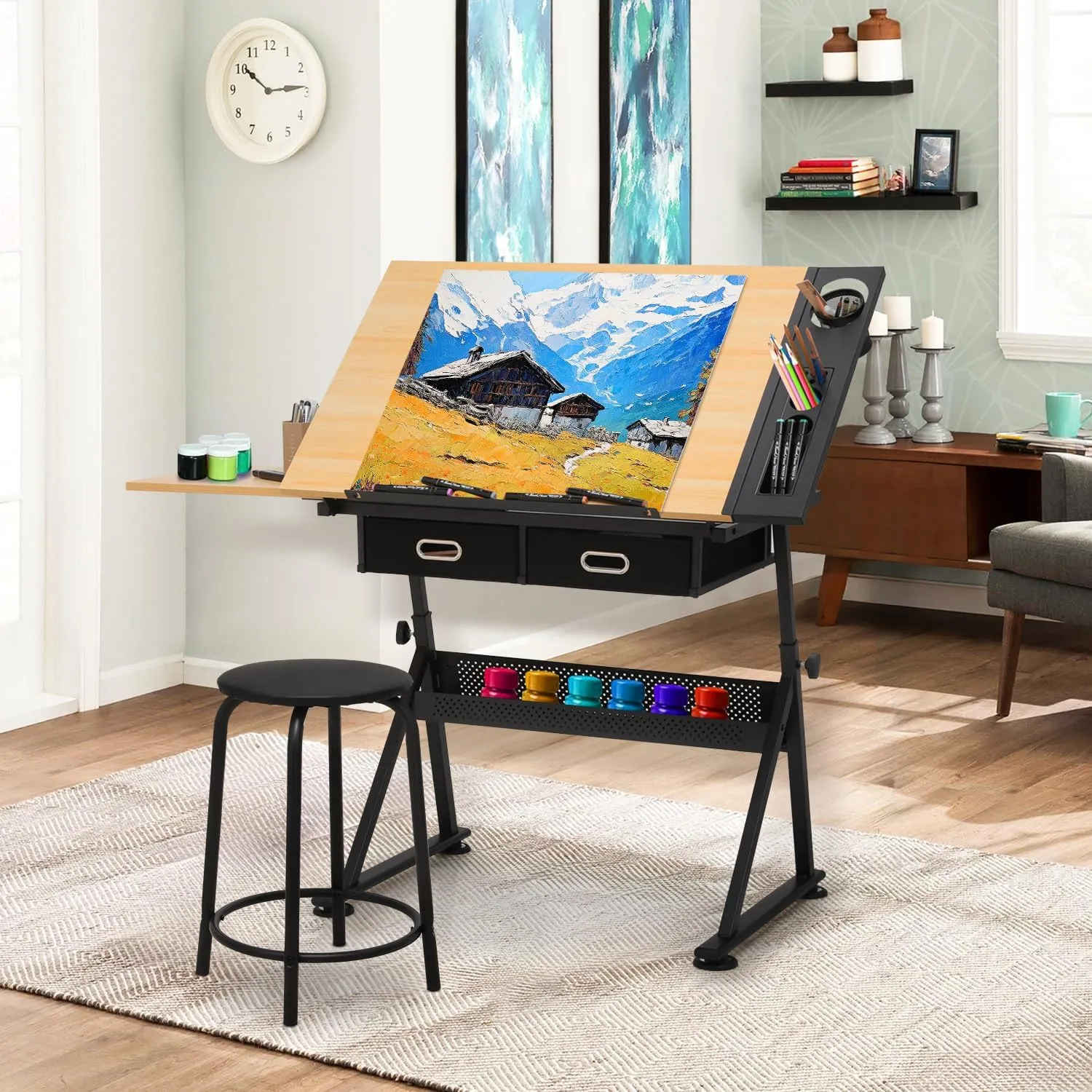 Athena Collection Drafting Table for Artists, Height Adjustable Drawing Table, Dual Desktop Art Desk Metal Frame Art Table Tiltable Craft Desk Paintings Work Station with Stool and Drawers, Natural