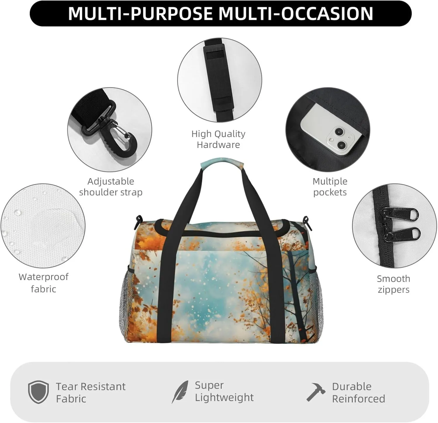 Autumn Forest Tree Travel Duffel Bag with Strap Multi Pockets Sports Bag Handbag Large Shoulder Bag for Gym Weekend Fitness Camping