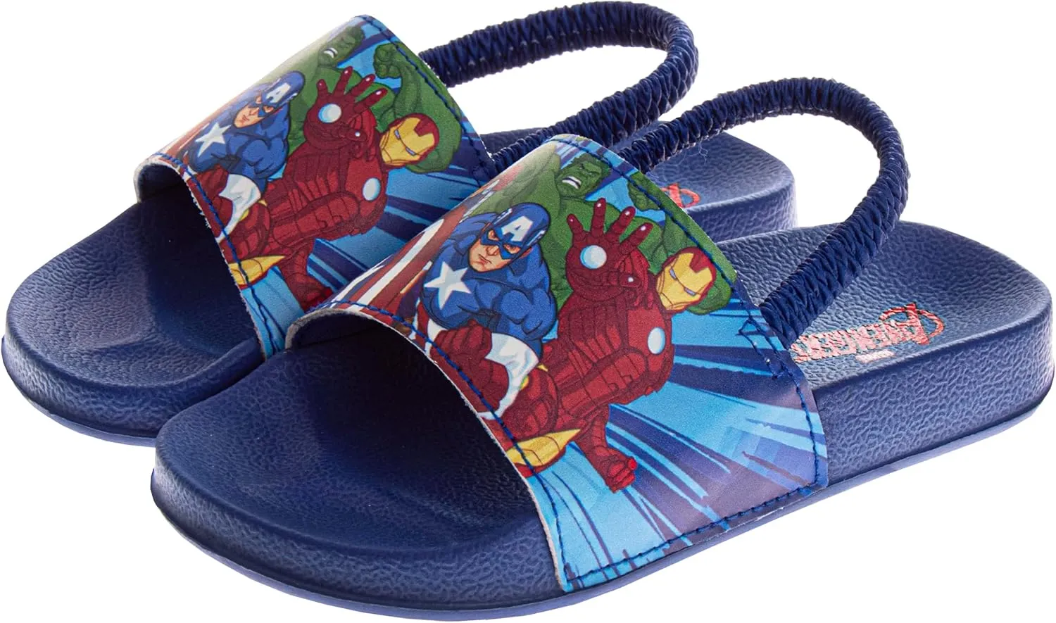Avengers Slide Open Toe - Boys Superhero Sandals SlipOn Slides - Captain America Thor Hulk IronMan SpiderMan (sizes: 5-10 toddler / 11-12 little kid)