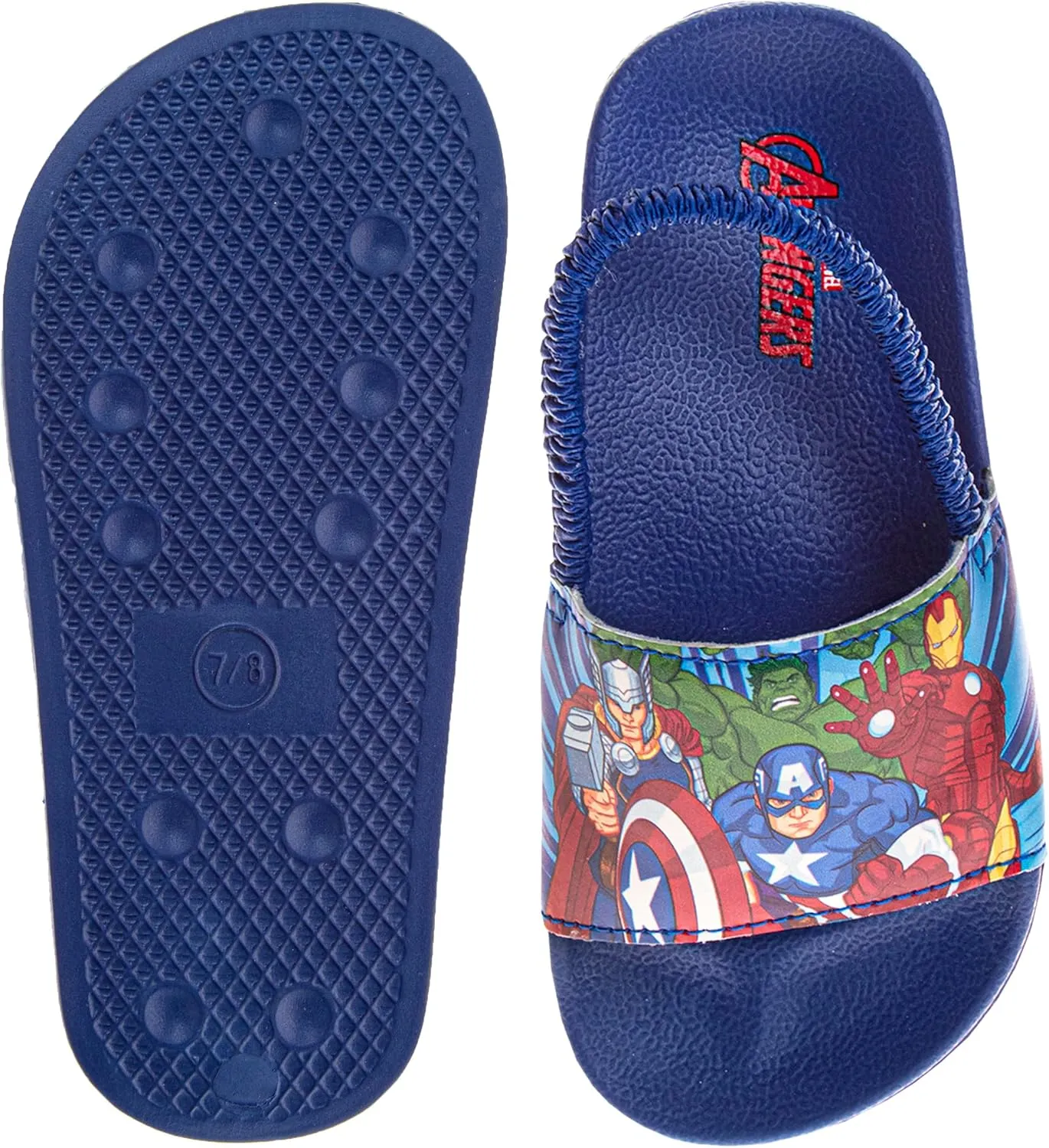 Avengers Slide Open Toe - Boys Superhero Sandals SlipOn Slides - Captain America Thor Hulk IronMan SpiderMan (sizes: 5-10 toddler / 11-12 little kid)