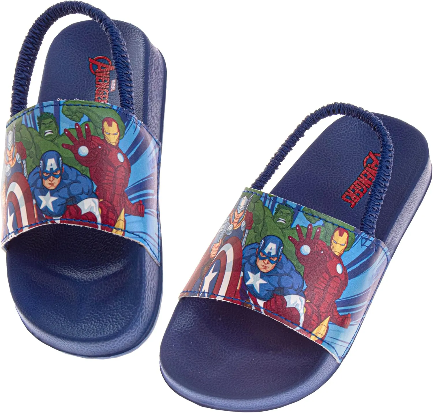 Avengers Slide Open Toe - Boys Superhero Sandals SlipOn Slides - Captain America Thor Hulk IronMan SpiderMan (sizes: 5-10 toddler / 11-12 little kid)