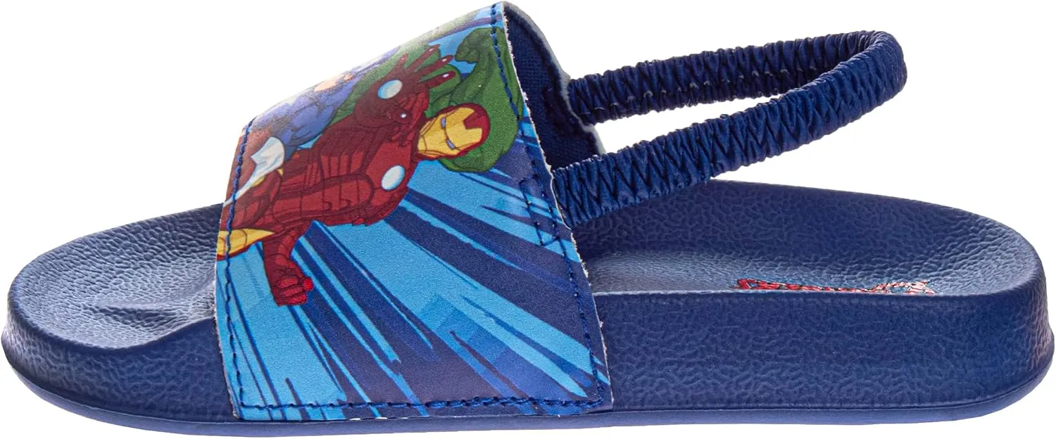 Avengers Slide Open Toe - Boys Superhero Sandals SlipOn Slides - Captain America Thor Hulk IronMan SpiderMan (sizes: 5-10 toddler / 11-12 little kid)