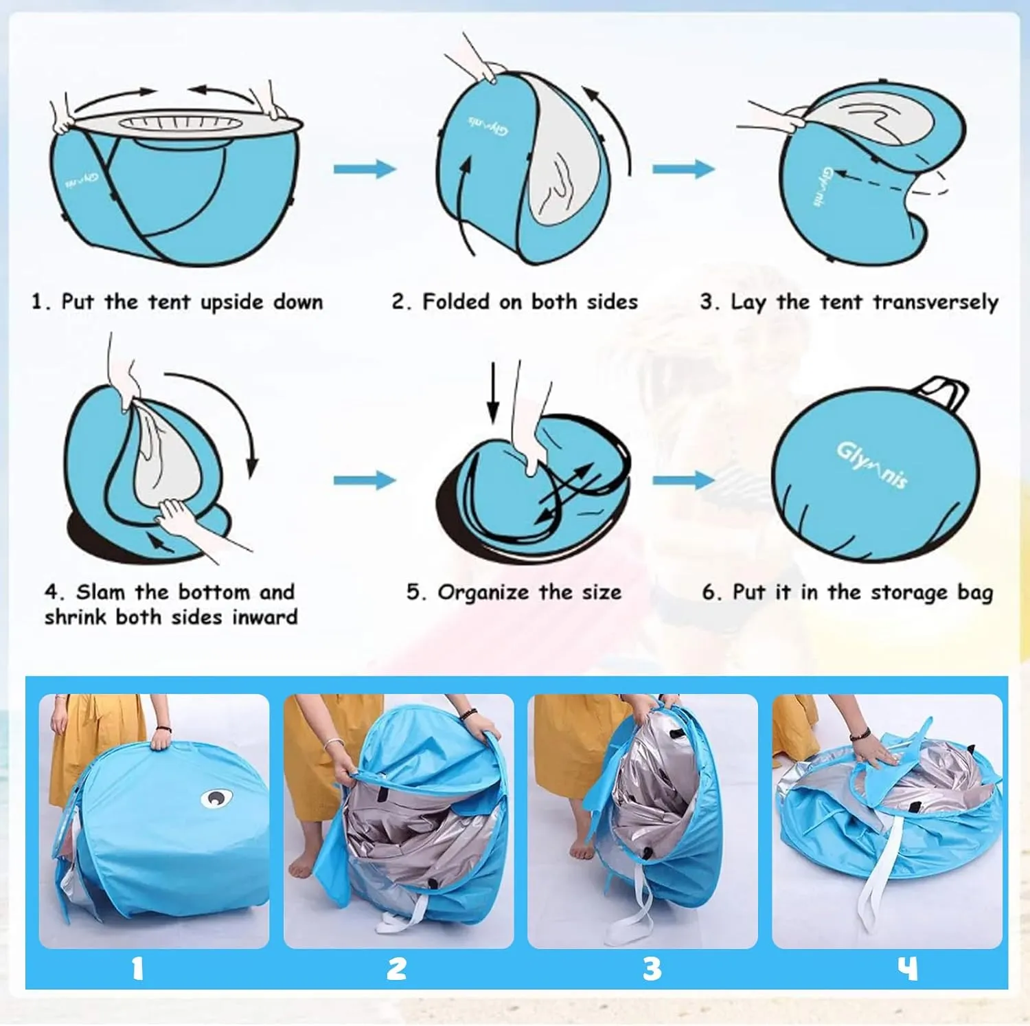 Baby Beach Tent, Pop Up Portable Sun Shade Tent with Pool, Lightweight Waterproof UV Protection Beach Sun Shelter with Storage Bag for Baby Beach, Yard, Picnic, Garden(Whale-Blue)