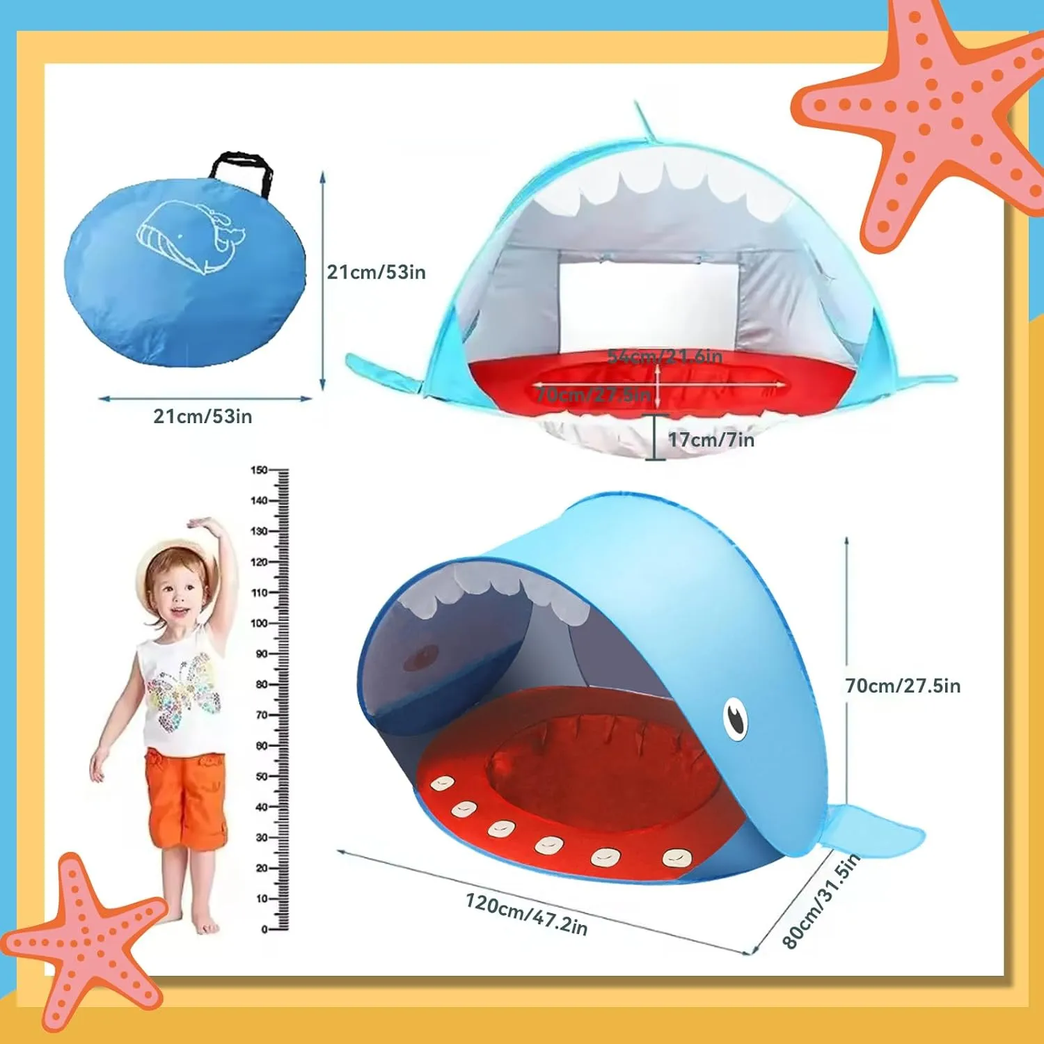 Baby Beach Tent, Pop Up Portable Sun Shade Tent with Pool, Lightweight Waterproof UV Protection Beach Sun Shelter with Storage Bag for Baby Beach, Yard, Picnic, Garden(Whale-Blue)