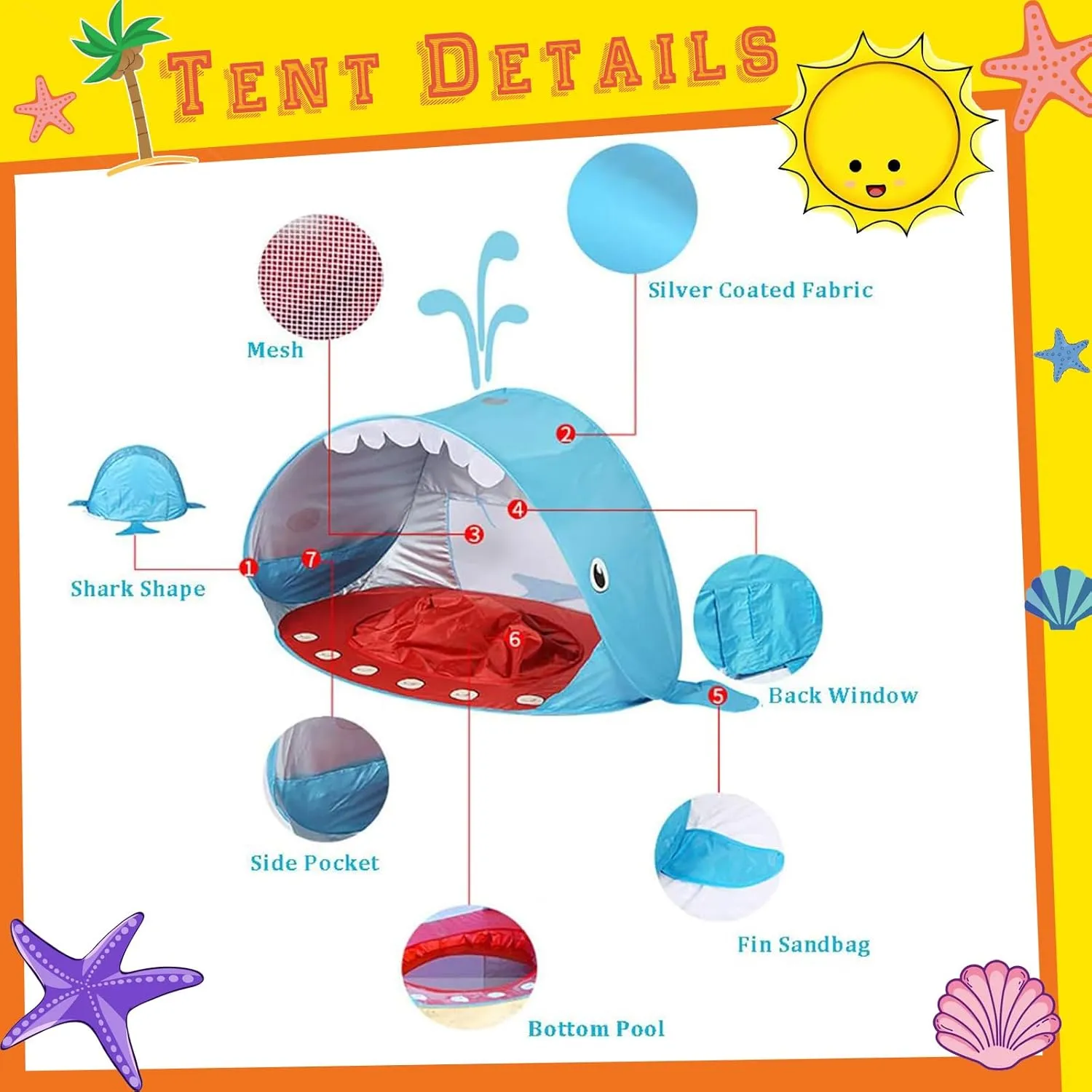 Baby Beach Tent, Pop Up Portable Sun Shade Tent with Pool, Lightweight Waterproof UV Protection Beach Sun Shelter with Storage Bag for Baby Beach, Yard, Picnic, Garden(Whale-Blue)