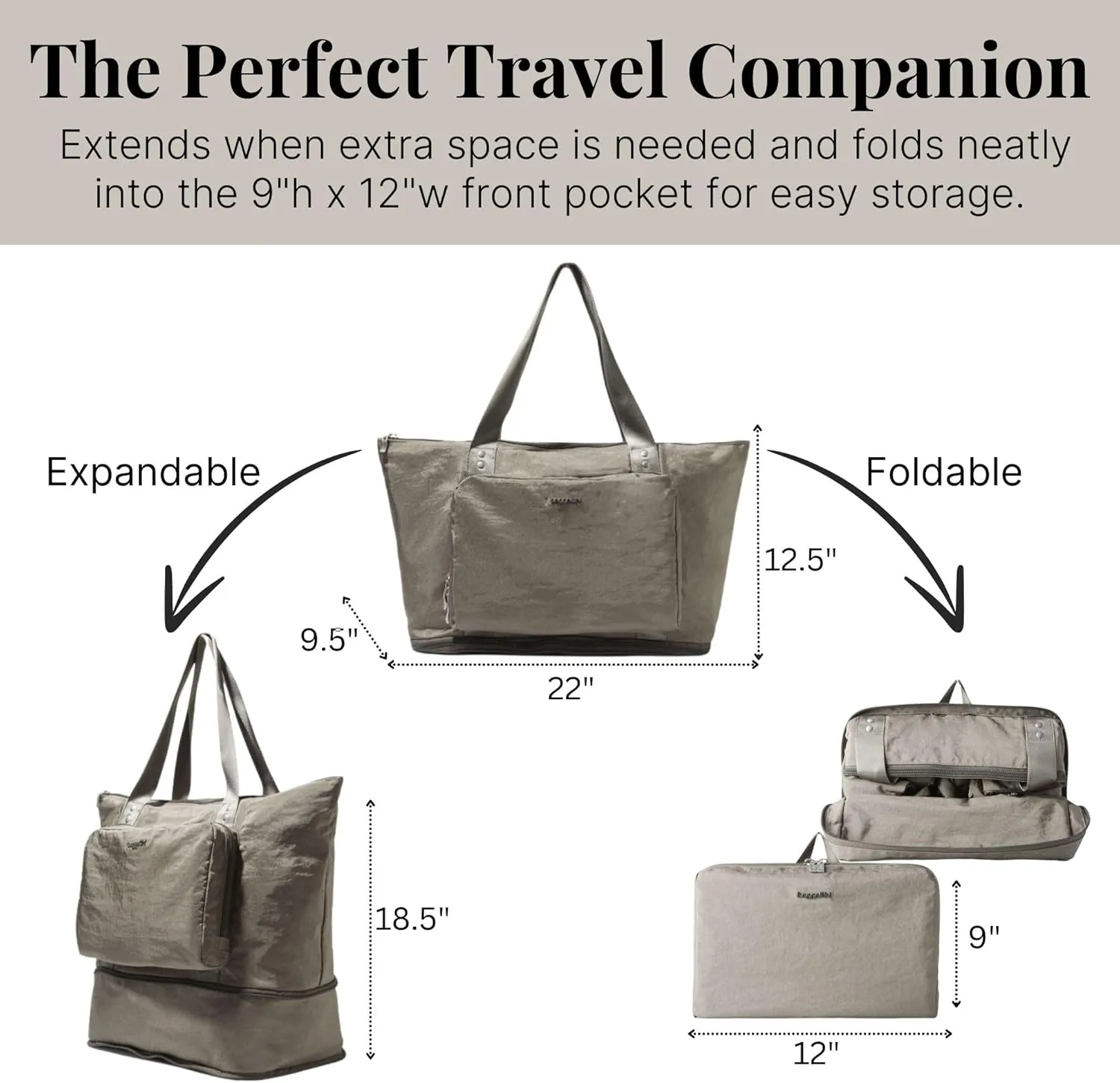 Baggallini Carryall Expandable Lightweight Travel Tote 22" Packable Folding Compact Nylon Washable Weekender w/Luggage Sleeve