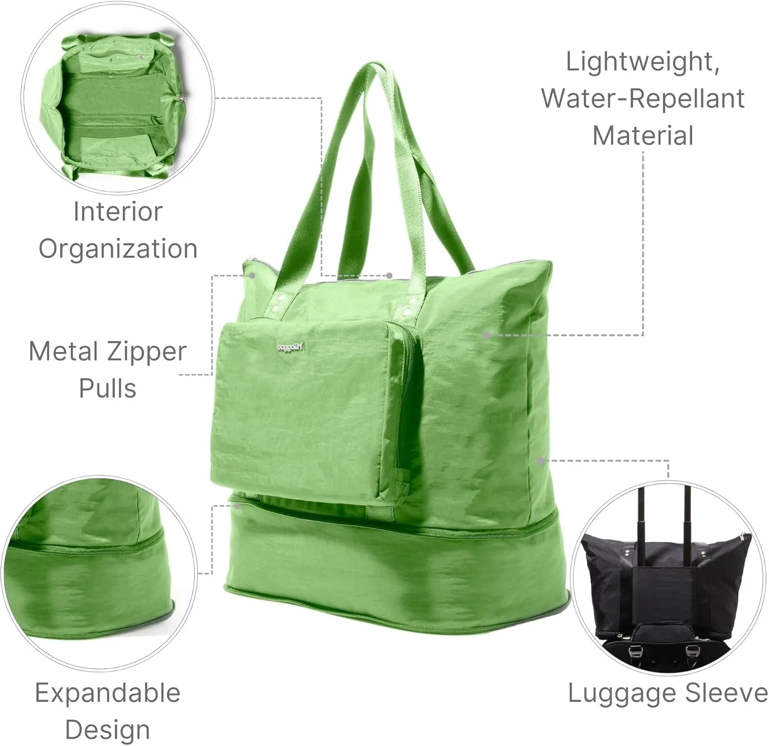 Baggallini Carryall Expandable Lightweight Travel Tote 22" Packable Folding Compact Nylon Washable Weekender w/Luggage Sleeve