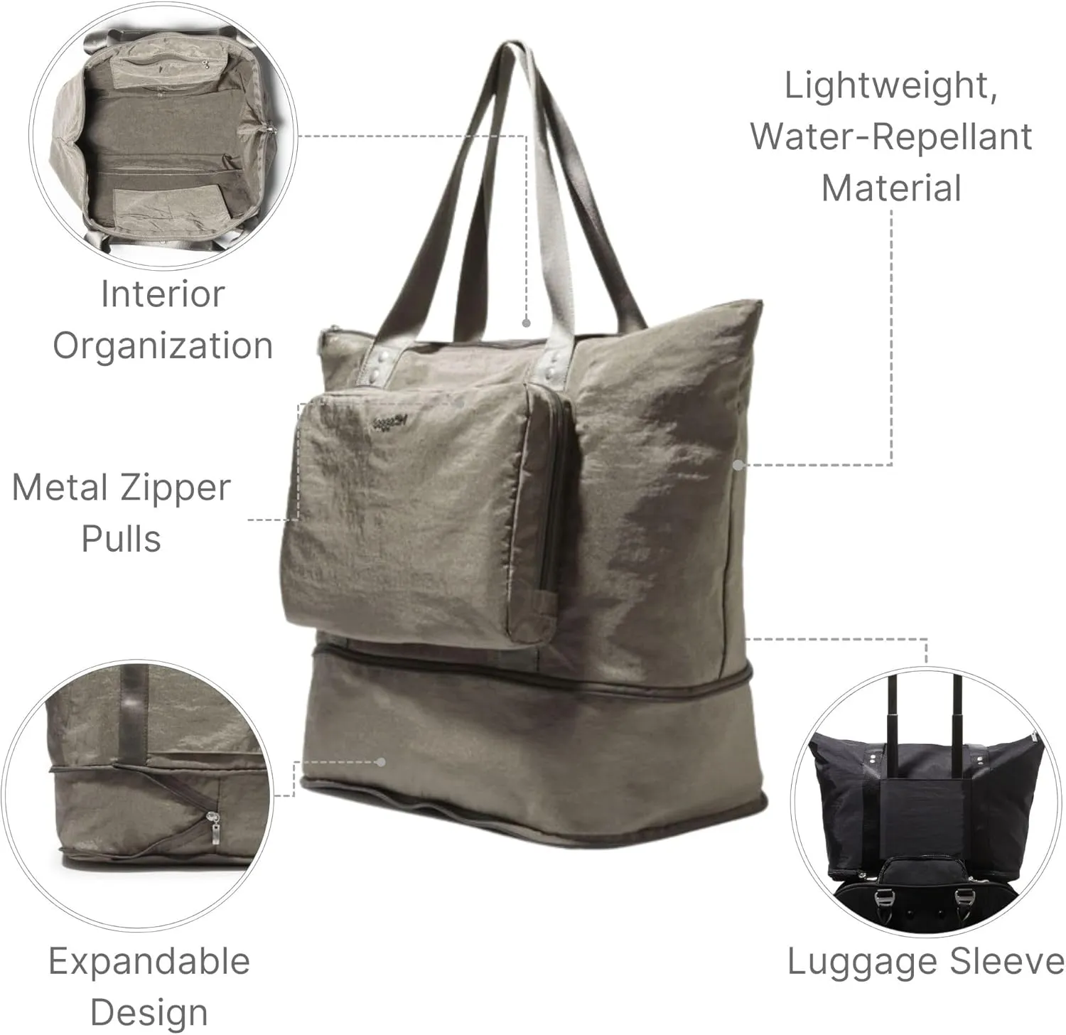 Baggallini Carryall Expandable Lightweight Travel Tote 22" Packable Folding Compact Nylon Washable Weekender w/Luggage Sleeve