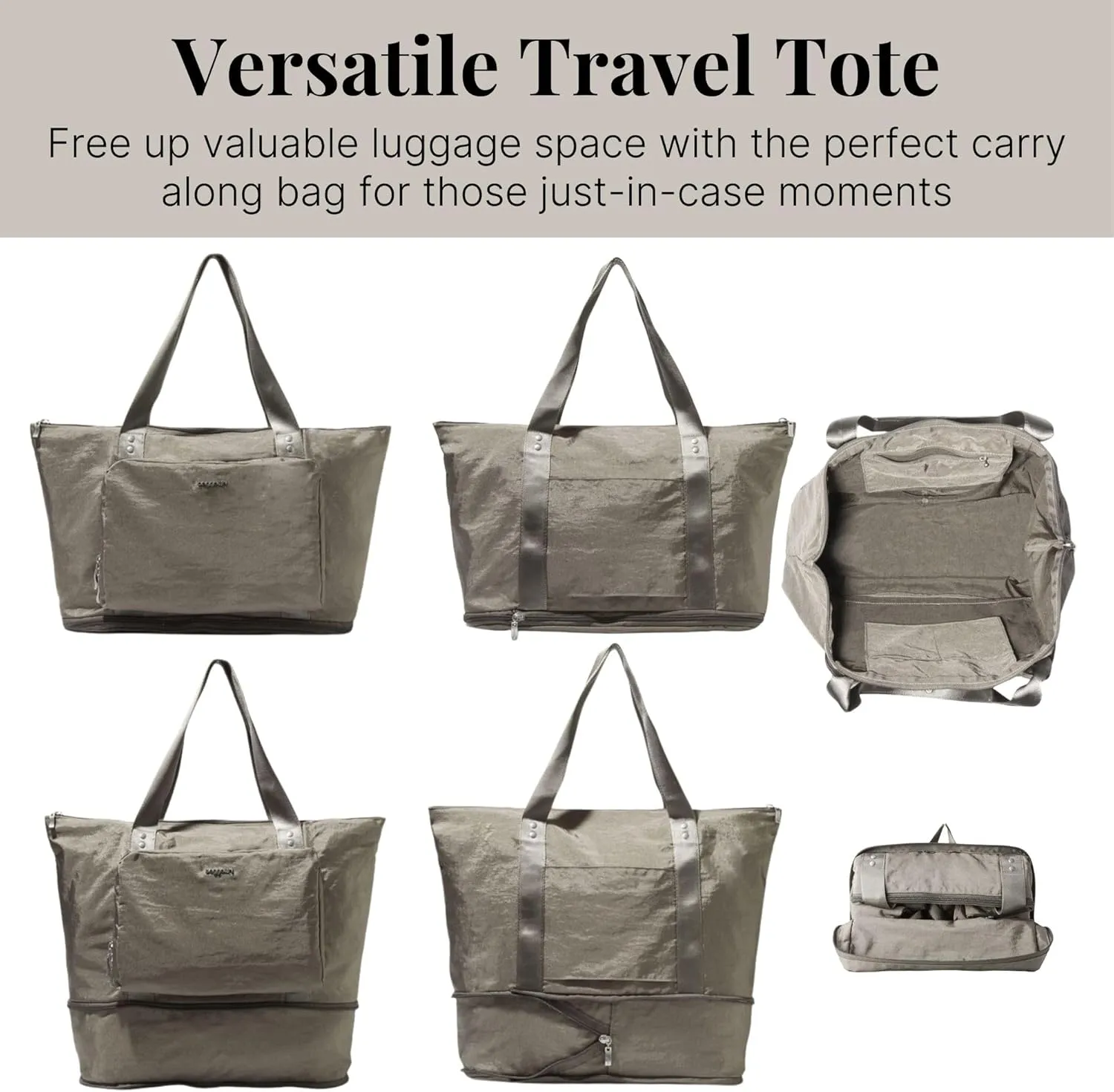 Baggallini Carryall Expandable Lightweight Travel Tote 22" Packable Folding Compact Nylon Washable Weekender w/Luggage Sleeve