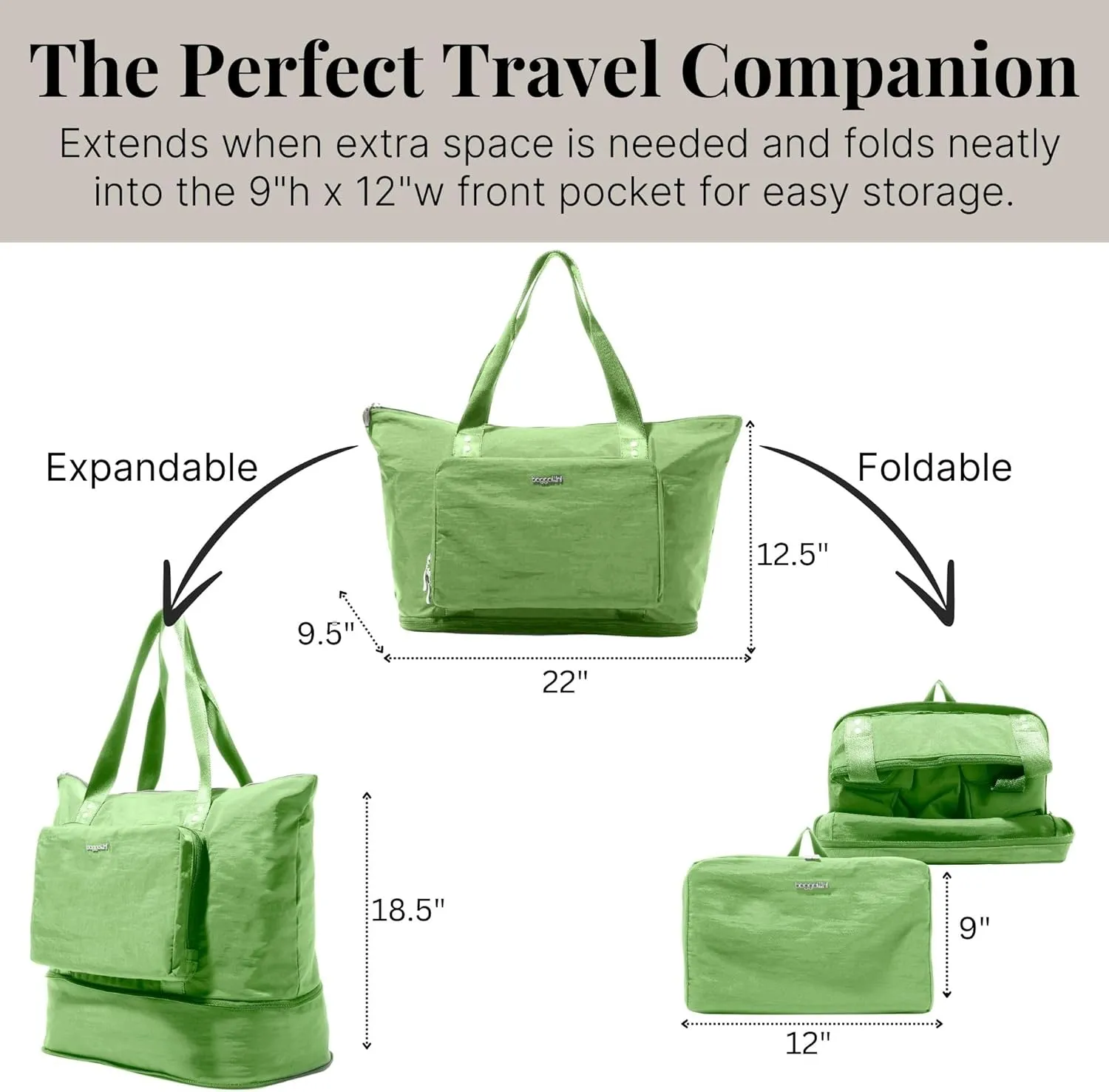 Baggallini Carryall Expandable Lightweight Travel Tote 22" Packable Folding Compact Nylon Washable Weekender w/Luggage Sleeve