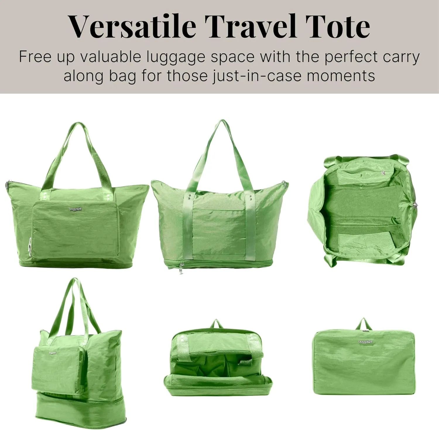 Baggallini Carryall Expandable Lightweight Travel Tote 22" Packable Folding Compact Nylon Washable Weekender w/Luggage Sleeve