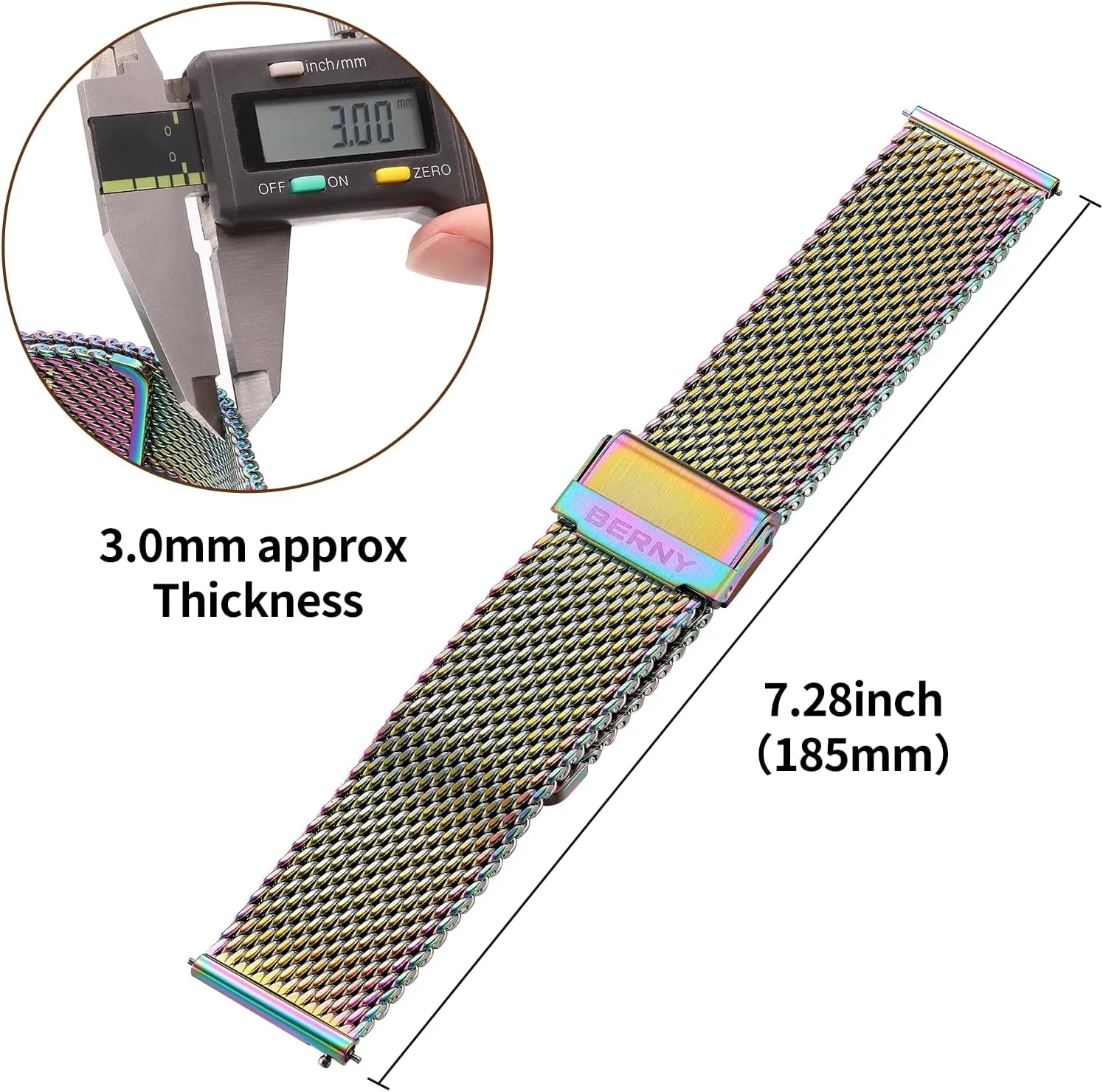 BERNY Stainless Steel Mesh Watch Band for Mens Women Quick Release Adjustable Milanese Watch Straps Thick Heavy Duty Metal Bracelet with Safty Clasp Black Silver 18mm 20mm 22mm 24mm