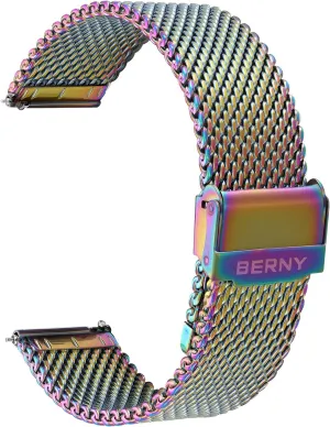 BERNY Stainless Steel Mesh Watch Band for Mens Women Quick Release Adjustable Milanese Watch Straps Thick Heavy Duty Metal Bracelet with Safty Clasp Black Silver 18mm 20mm 22mm 24mm