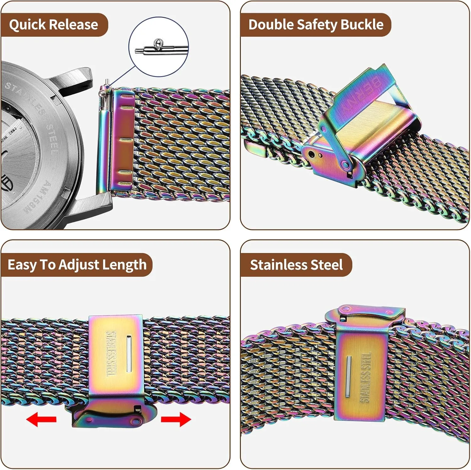 BERNY Stainless Steel Mesh Watch Band for Mens Women Quick Release Adjustable Milanese Watch Straps Thick Heavy Duty Metal Bracelet with Safty Clasp Black Silver 18mm 20mm 22mm 24mm