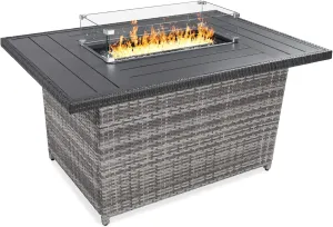 Best Choice Products 52in 50,000 BTU Outdoor Wicker Patio Propane Gas Fire Pit Table w/Aluminum Tabletop, Glass Wind Guard, Clear Glass Rocks, Cover, Slide Out Tank Holder, and Lid - Gray