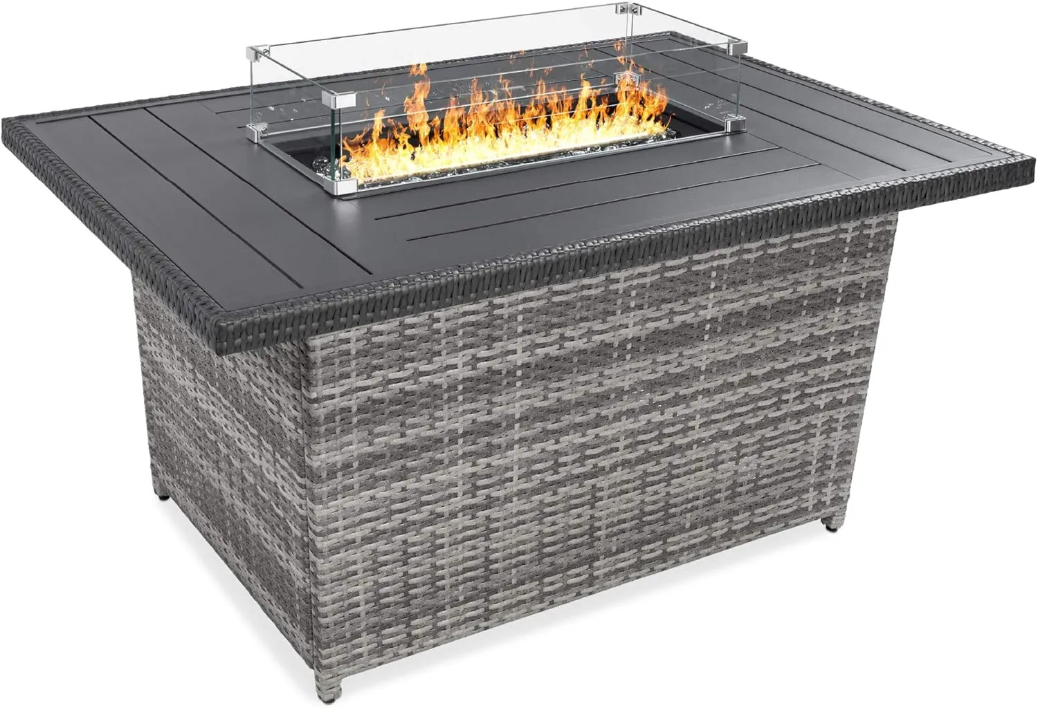 Best Choice Products 52in 50,000 BTU Outdoor Wicker Patio Propane Gas Fire Pit Table w/Aluminum Tabletop, Glass Wind Guard, Clear Glass Rocks, Cover, Slide Out Tank Holder, and Lid - Gray