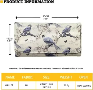 Birds Illustration Womens Long Wallets Cash Clutch, Vintage Scientific Bird Collection Long Billfold Wallet Vegan PU Leather Credit Card Holder