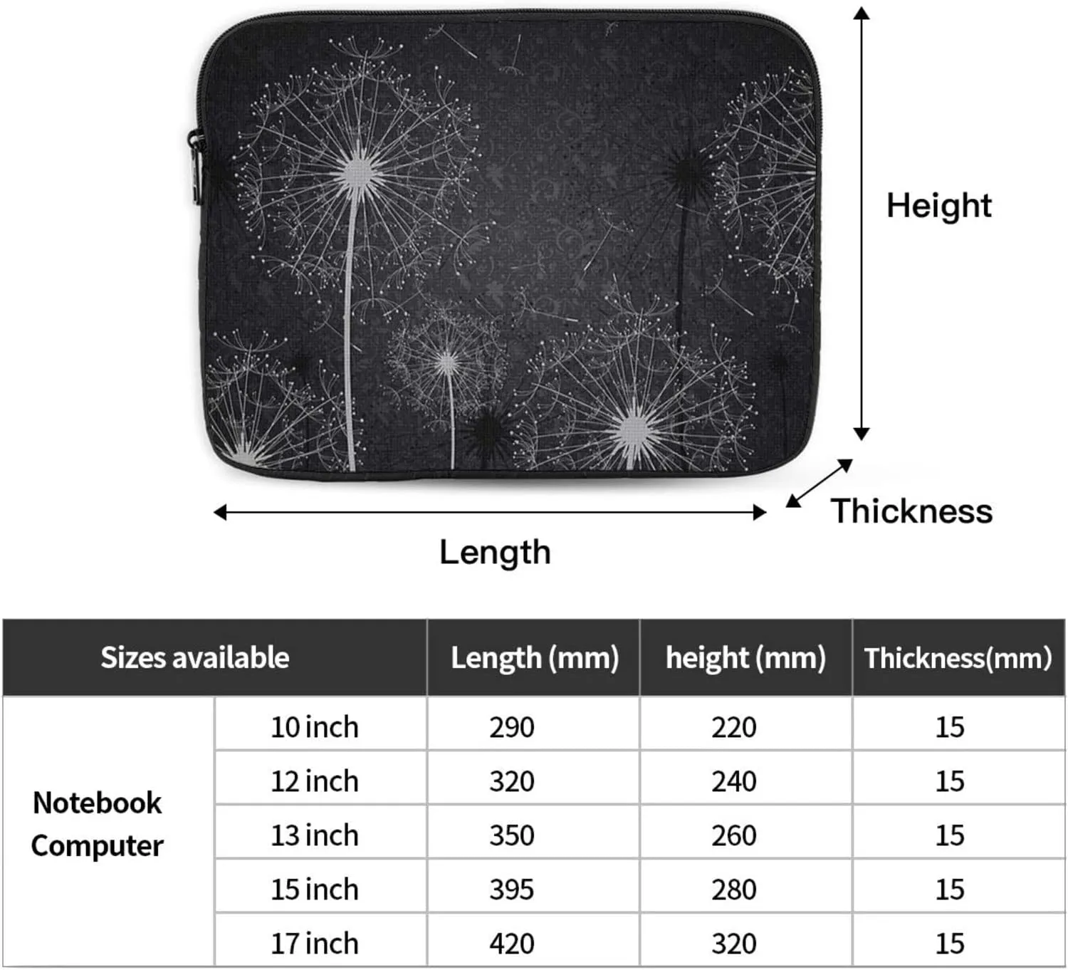 Black White Dandelion 12 Inch Zipper Laptop Sleeve Bag Carring Case Cover Protector Handbag for MacBook/Notebook/Ultrabook