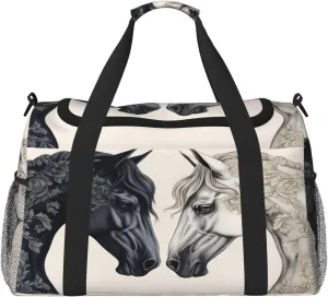 Black White Horse Travel Duffel Bag with Strap Multi Pockets Sports Bag Handbag Large Shoulder Bag for Gym Weekend Fitness Camping