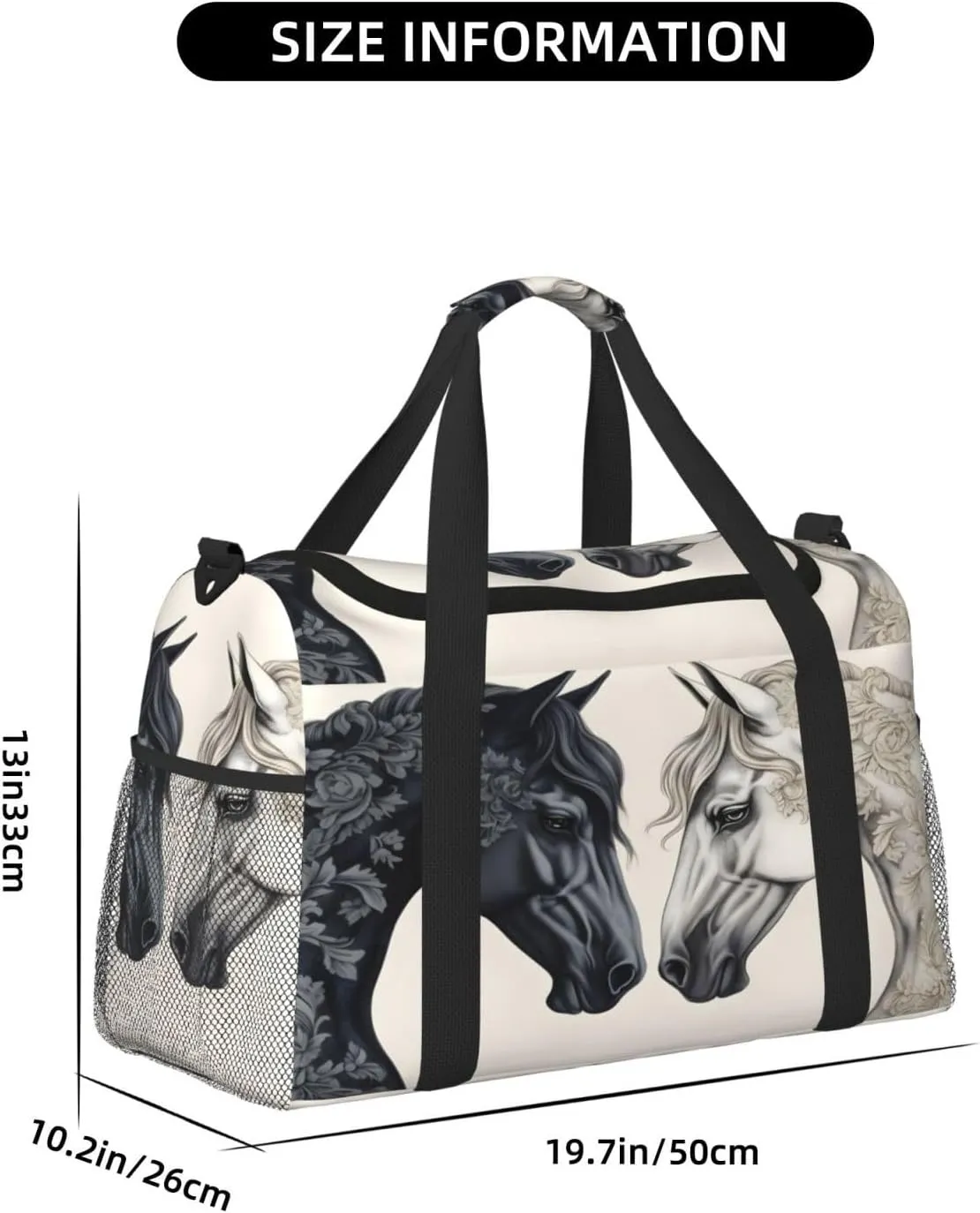 Black White Horse Travel Duffel Bag with Strap Multi Pockets Sports Bag Handbag Large Shoulder Bag for Gym Weekend Fitness Camping