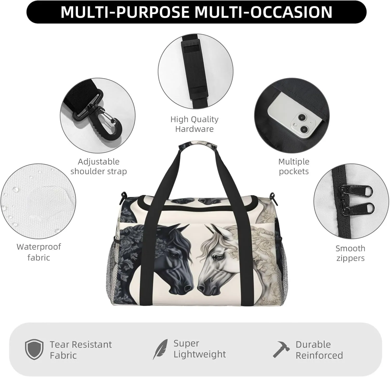 Black White Horse Travel Duffel Bag with Strap Multi Pockets Sports Bag Handbag Large Shoulder Bag for Gym Weekend Fitness Camping
