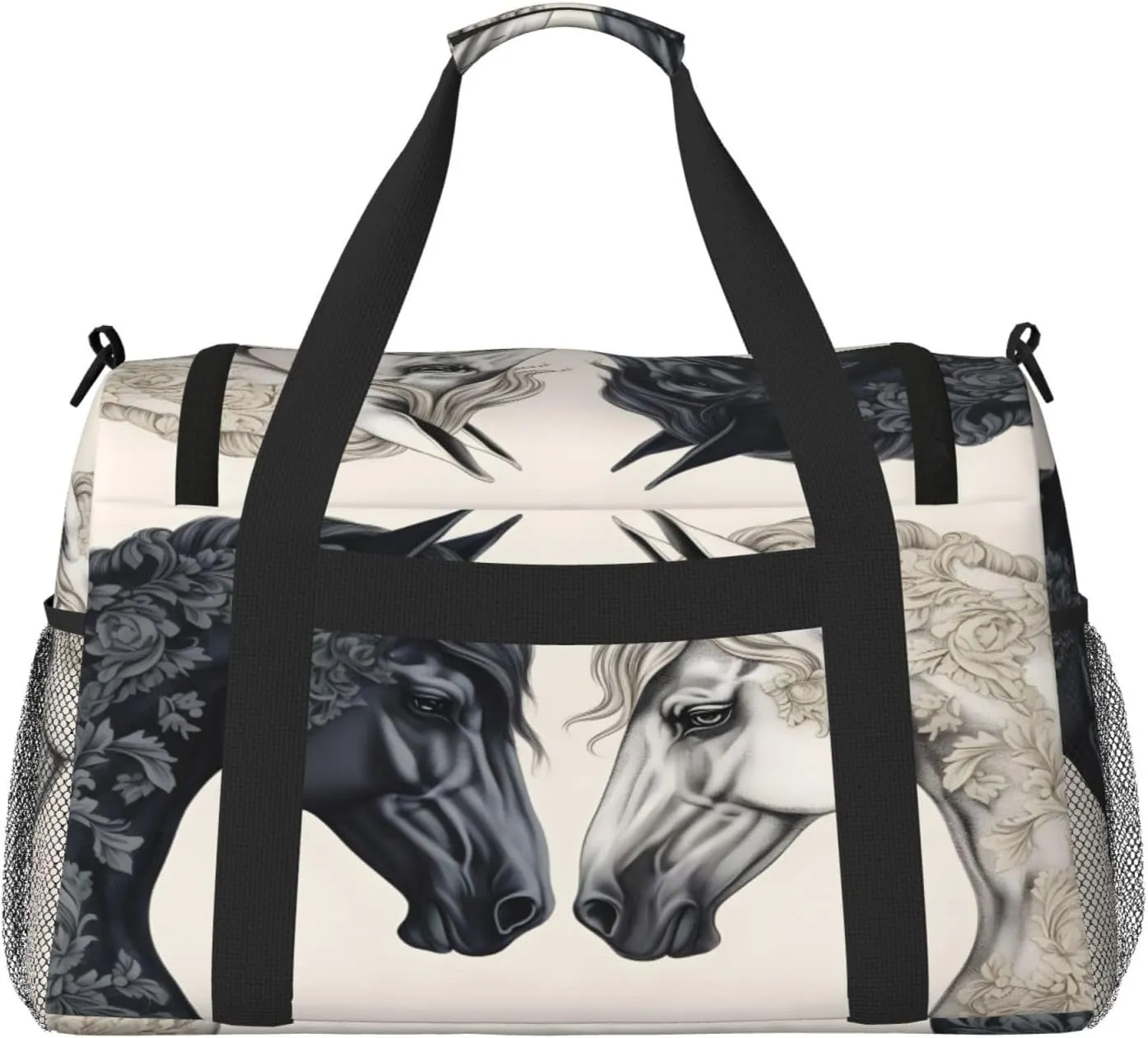 Black White Horse Travel Duffel Bag with Strap Multi Pockets Sports Bag Handbag Large Shoulder Bag for Gym Weekend Fitness Camping