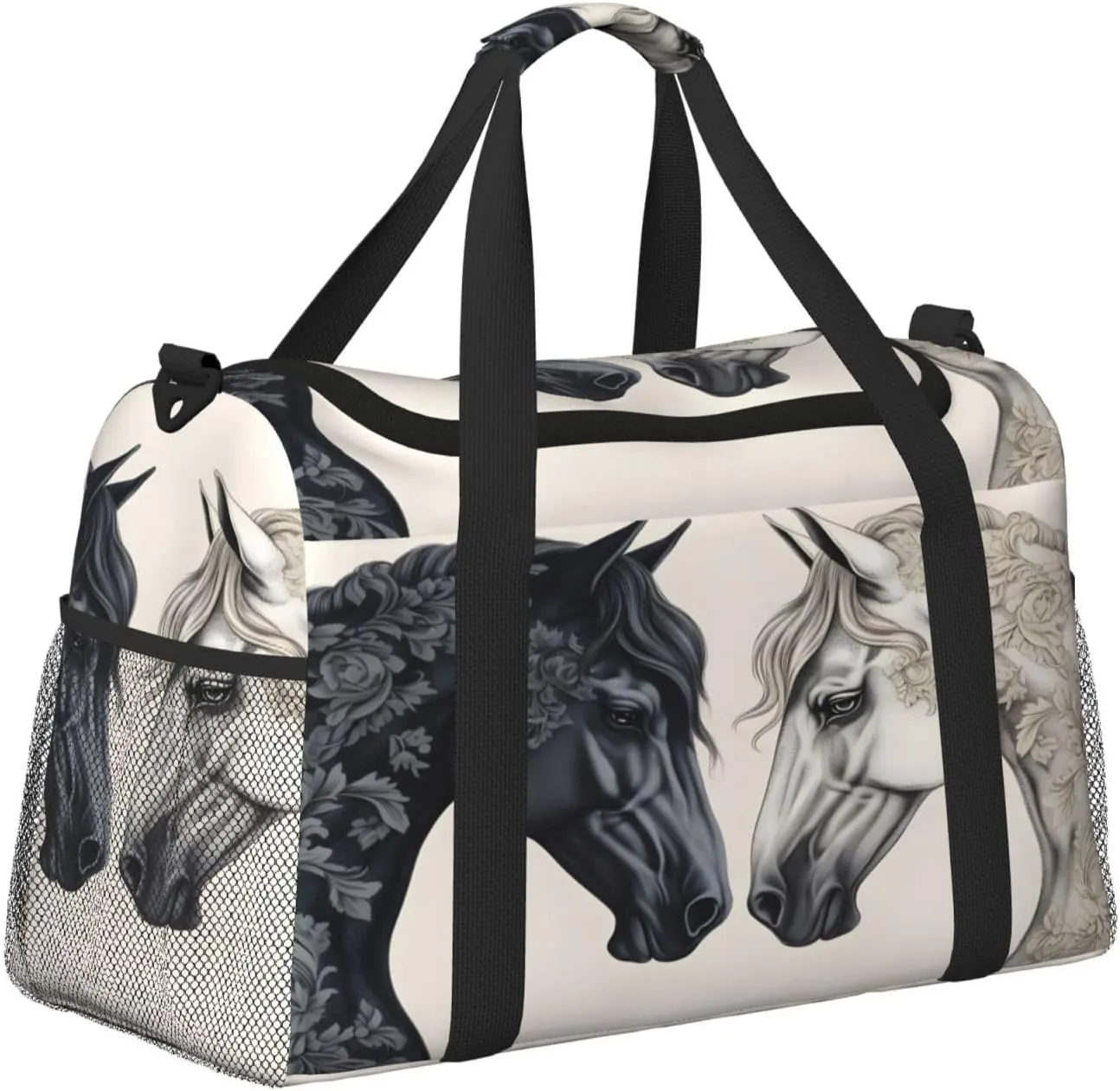 Black White Horse Travel Duffel Bag with Strap Multi Pockets Sports Bag Handbag Large Shoulder Bag for Gym Weekend Fitness Camping