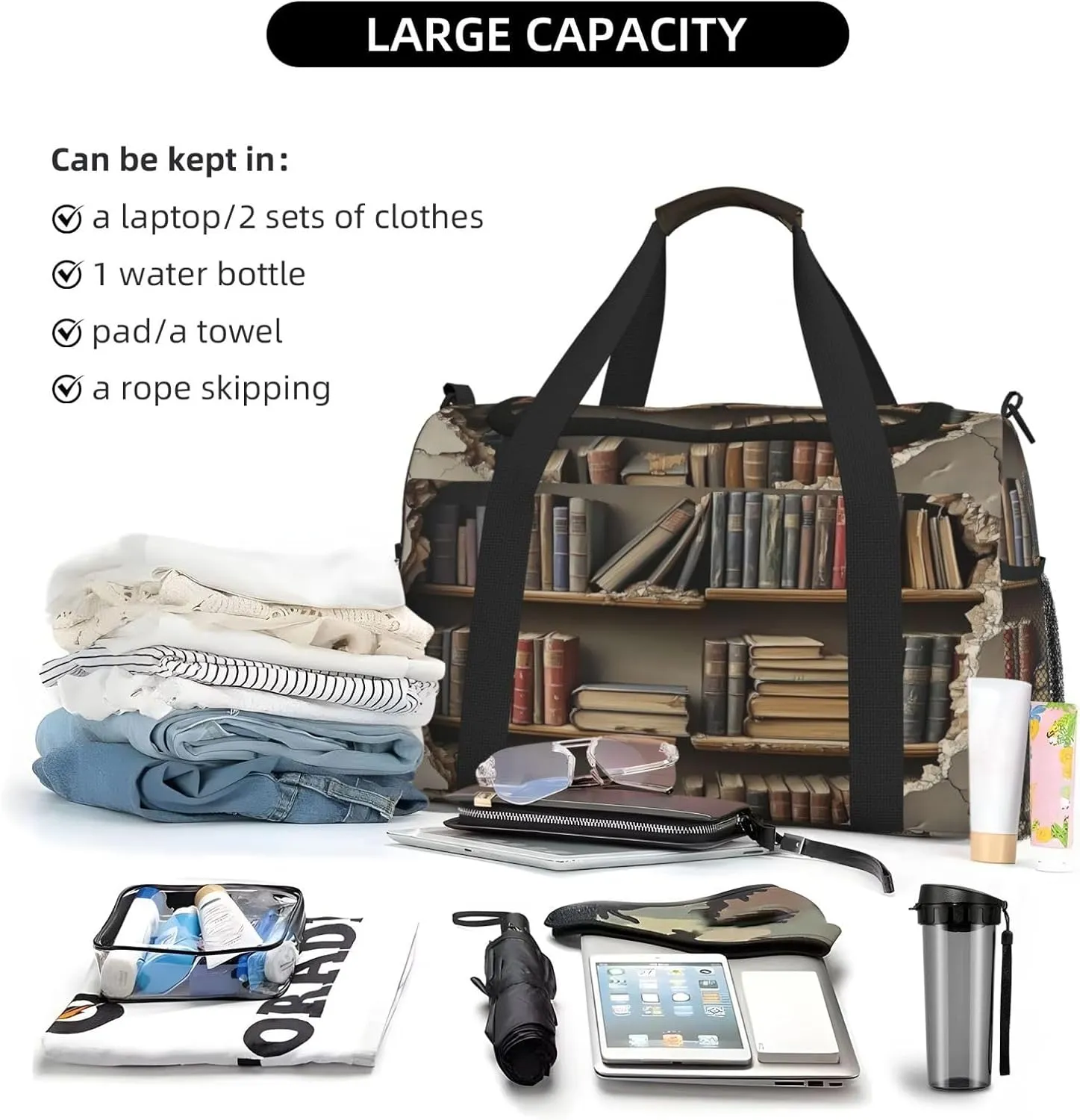 Bookshelf Wall Theme Travel Duffel Bag with Strap Multi Pockets Sports Bag Handbag Large Shoulder Bag for Gym Weekend Fitness Camping