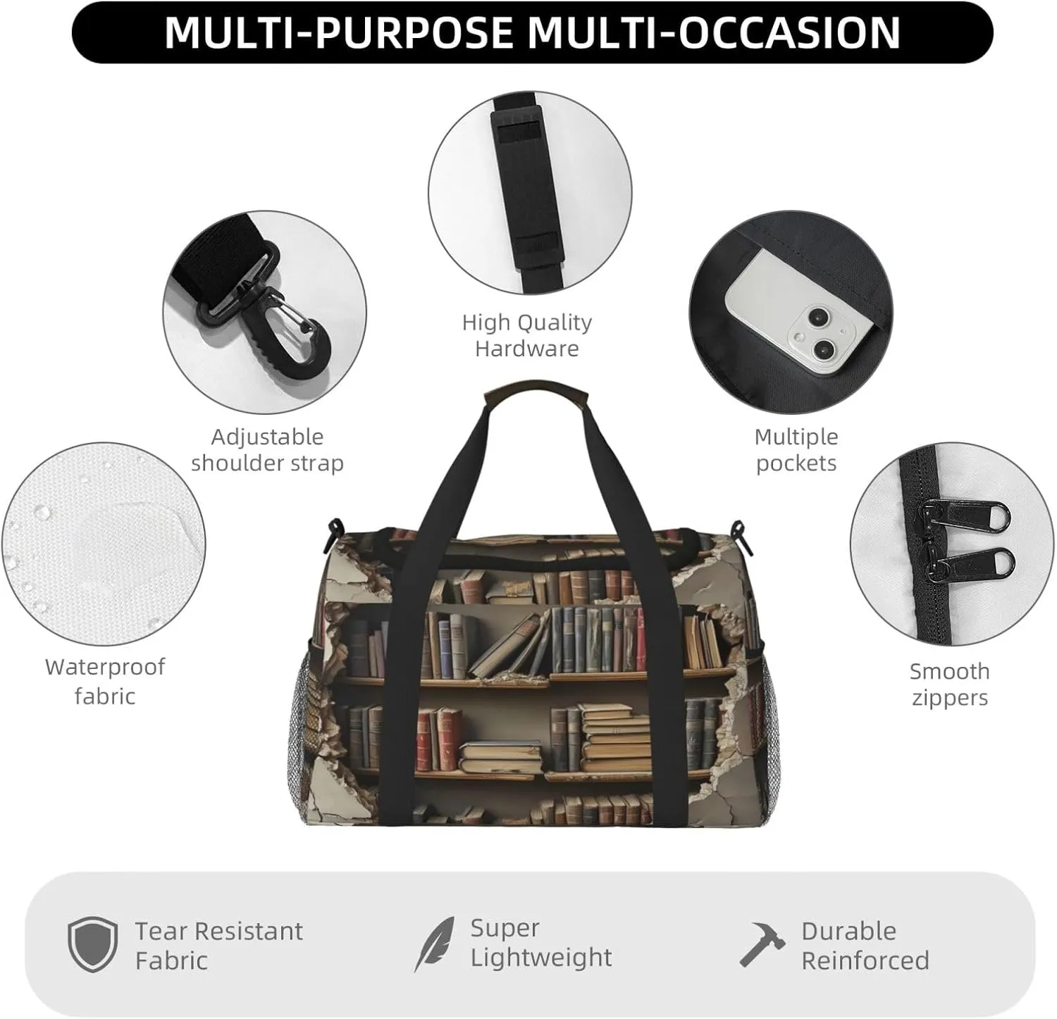 Bookshelf Wall Theme Travel Duffel Bag with Strap Multi Pockets Sports Bag Handbag Large Shoulder Bag for Gym Weekend Fitness Camping