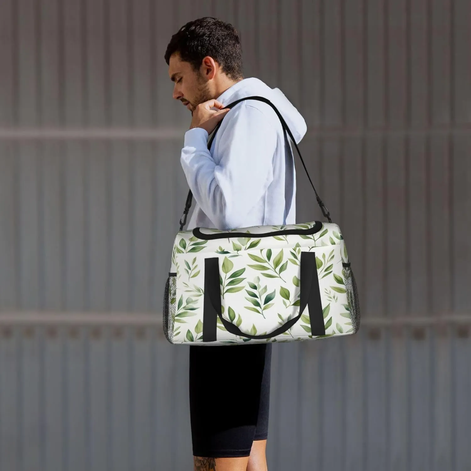 Botanical Leaves Pattern Travel Duffel Bag with Strap Multi Pockets Sports Bag Handbag Large Shoulder Bag for Gym Weekend Fitness Camping